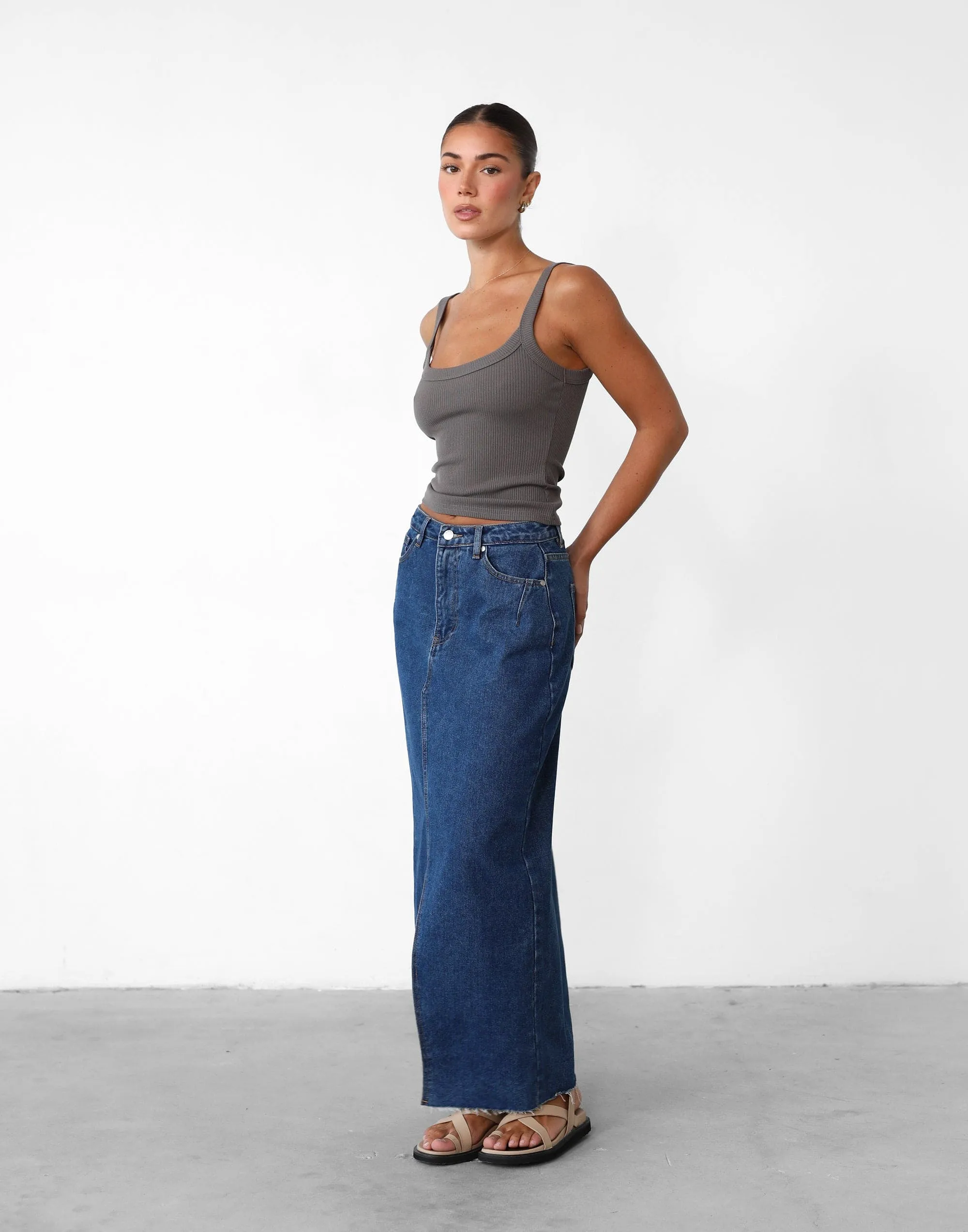 Drew Denim Midi Skirt (Dark Denim)