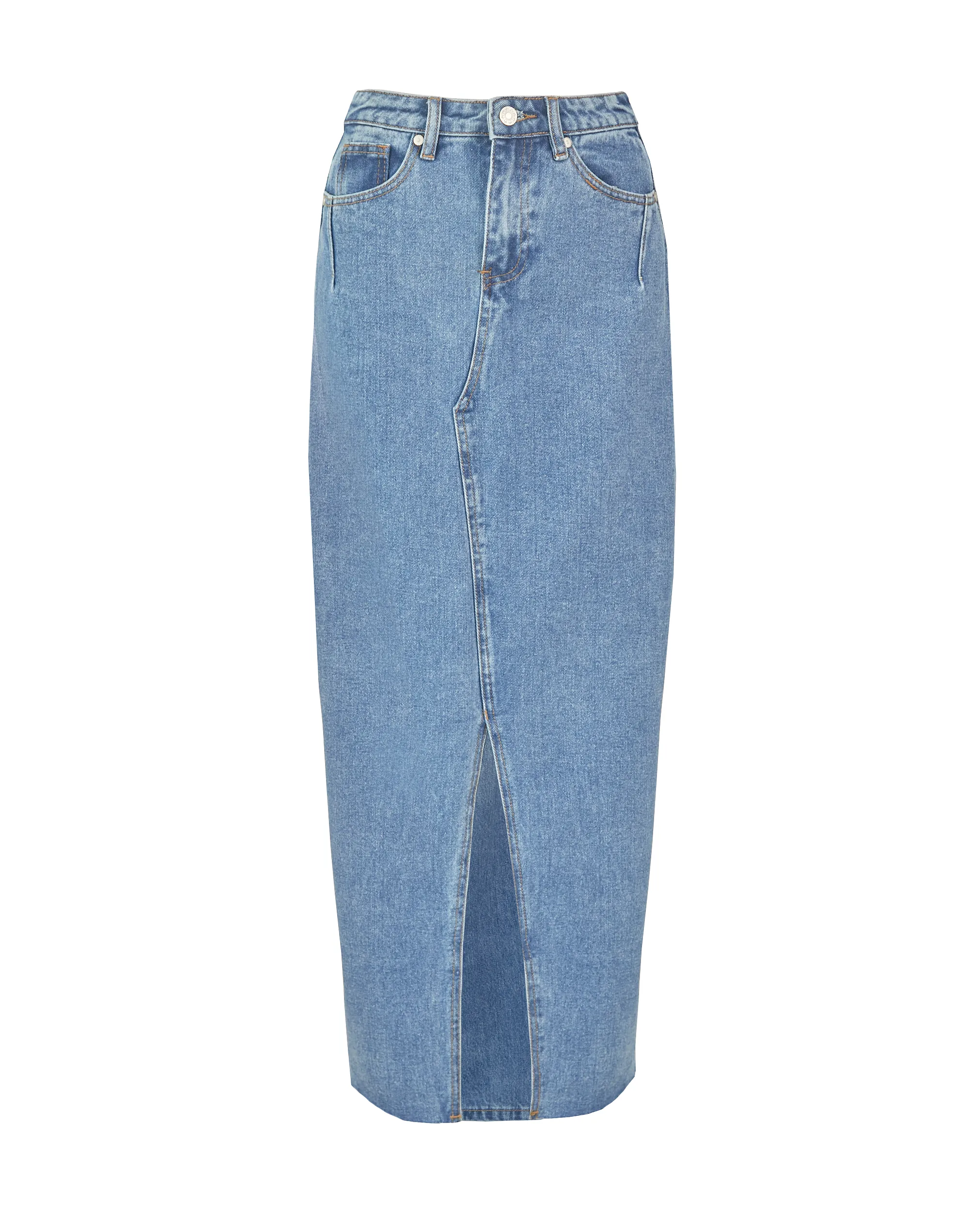 Drew Denim Midi Skirt (Mid Wash)