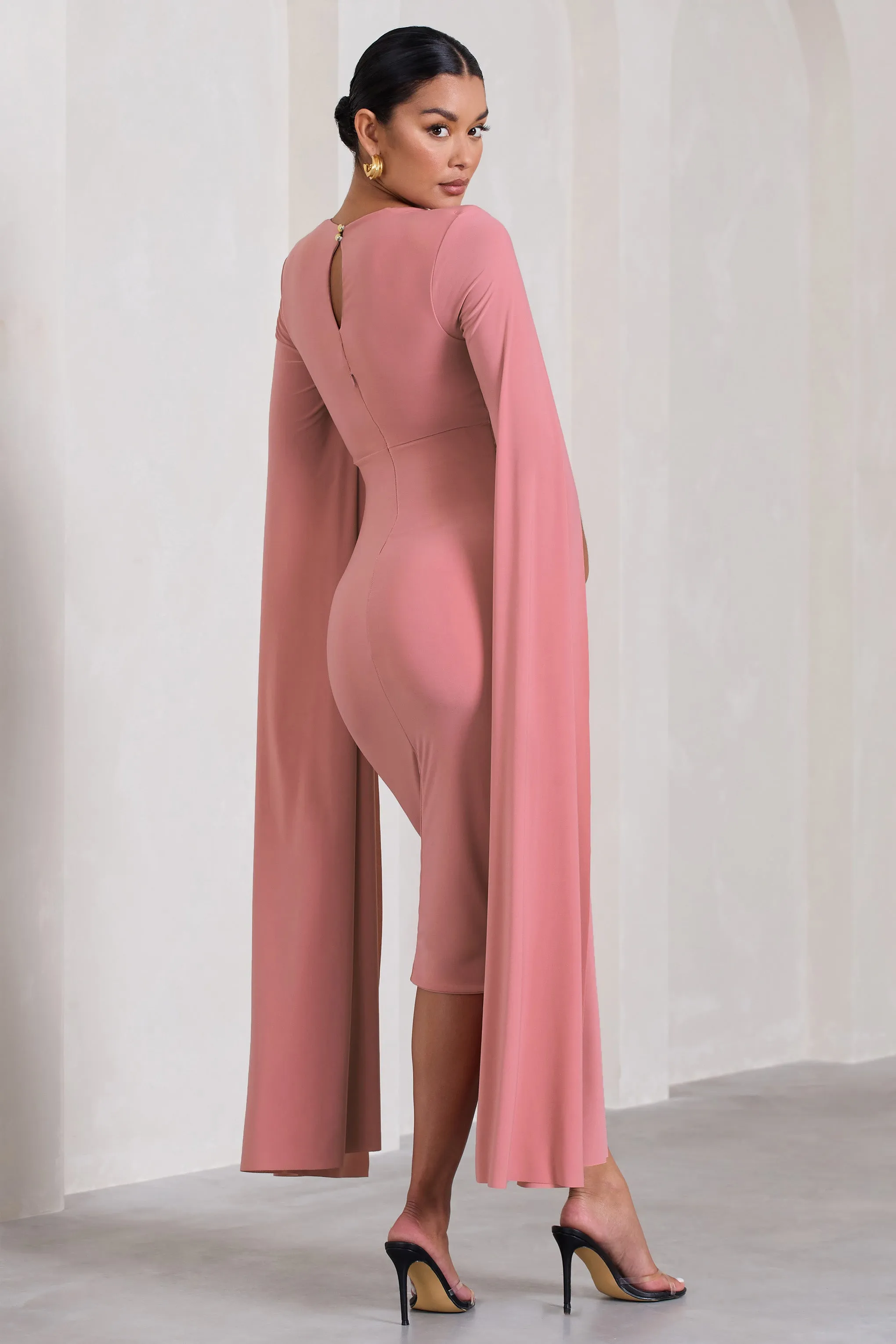 Flawless | Blush Pink Maternity Square Neck Midi Dress With Cape Sleeves