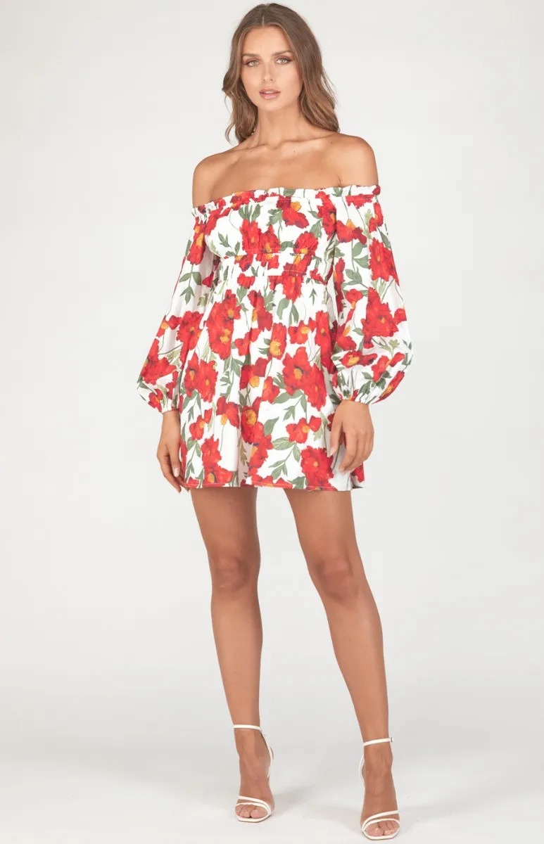 Floral Off the Shoulder Dress with Elastic Waist Detail (WDR452A)