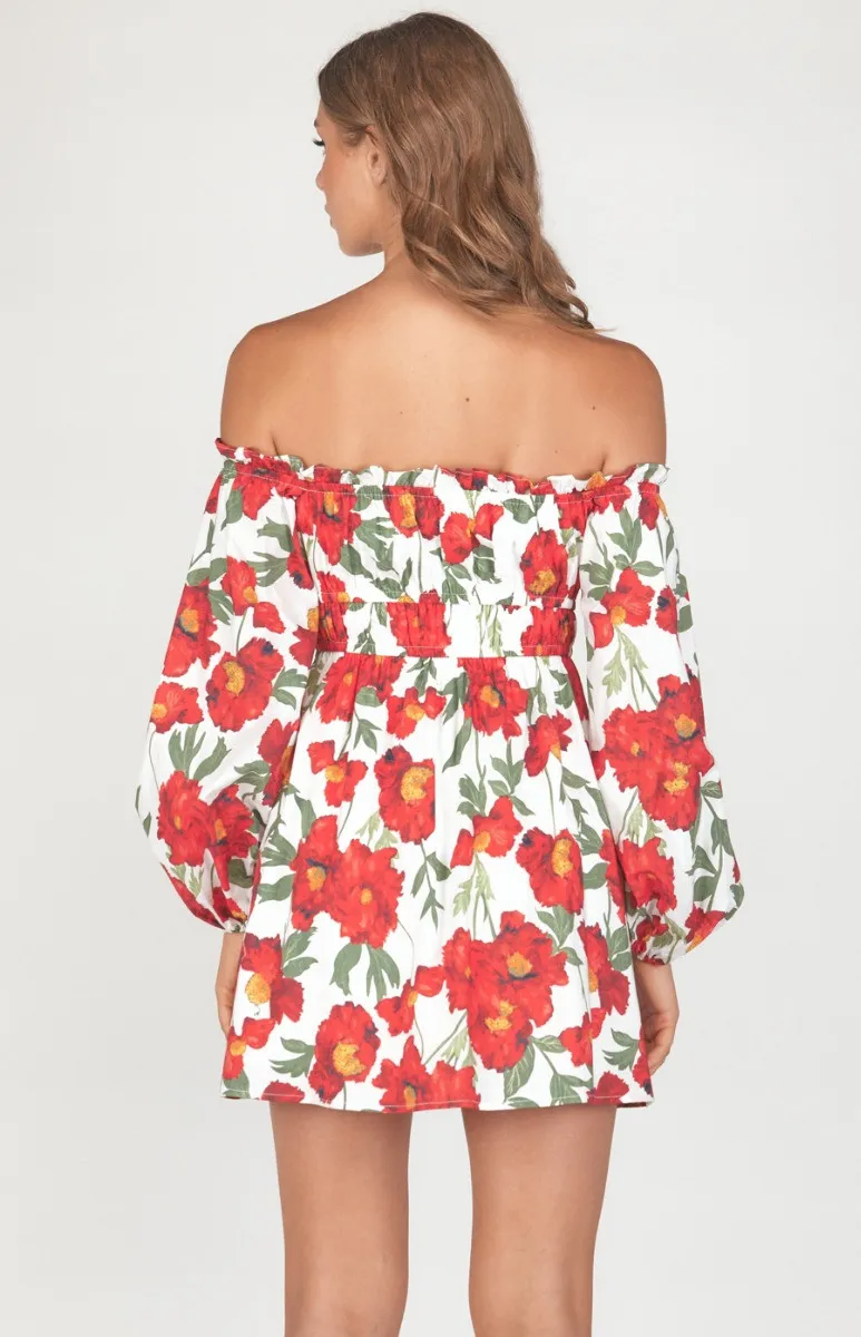 Floral Off the Shoulder Dress with Elastic Waist Detail (WDR452A)