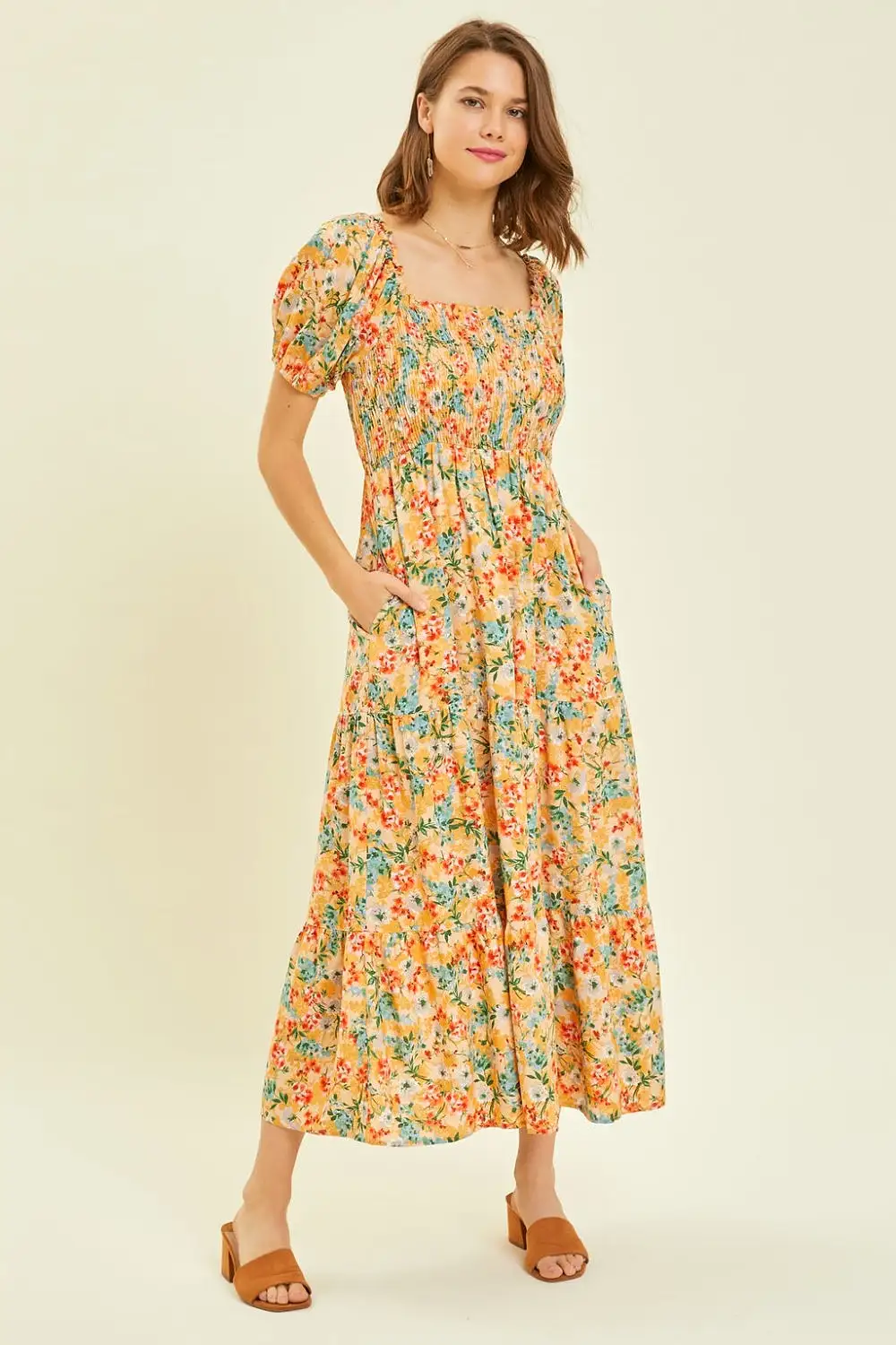 Floral Print Full Size Floral Smocked Tiered Midi Dress