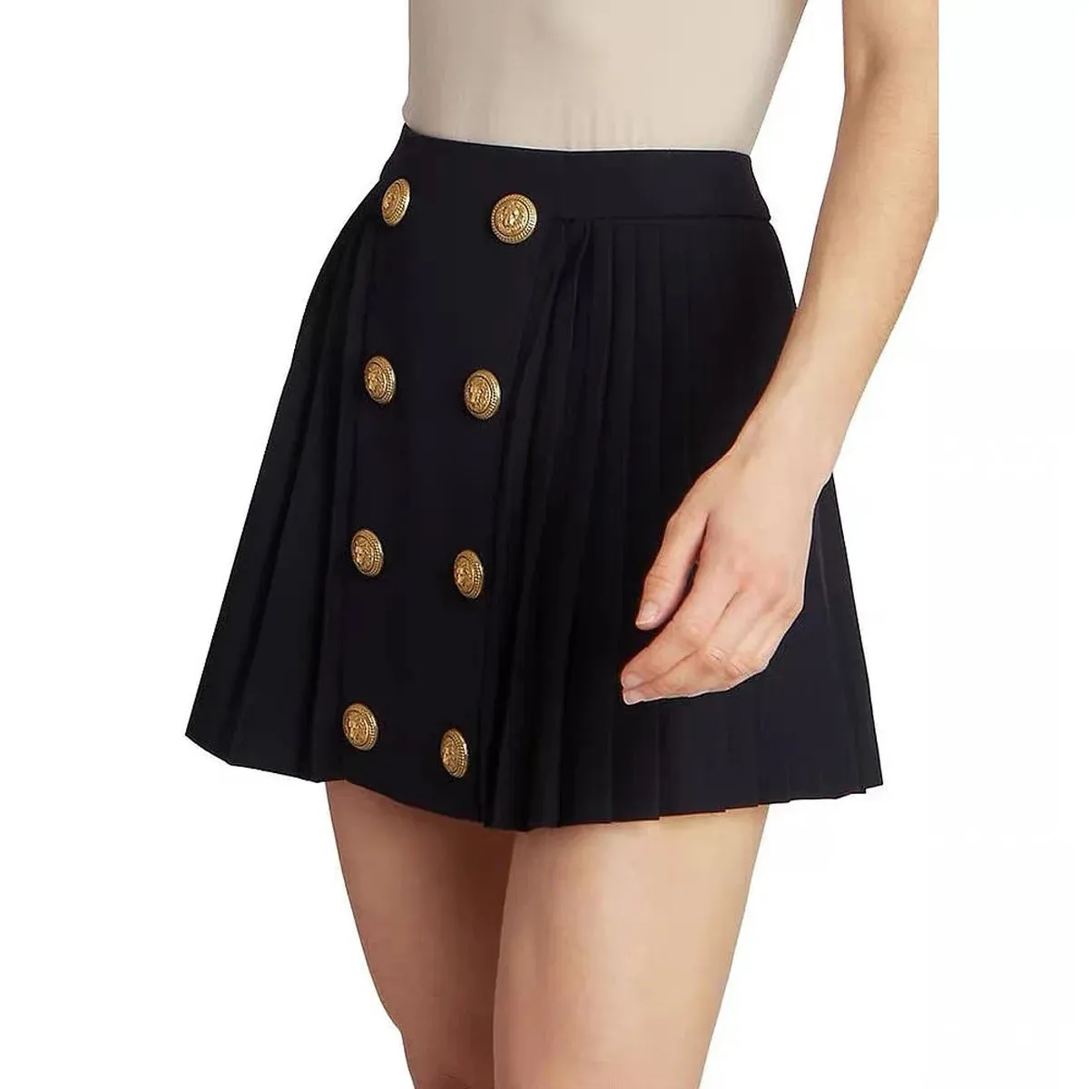 Formal High Waist Button Decor Pleated Above Knee Skirt for Women