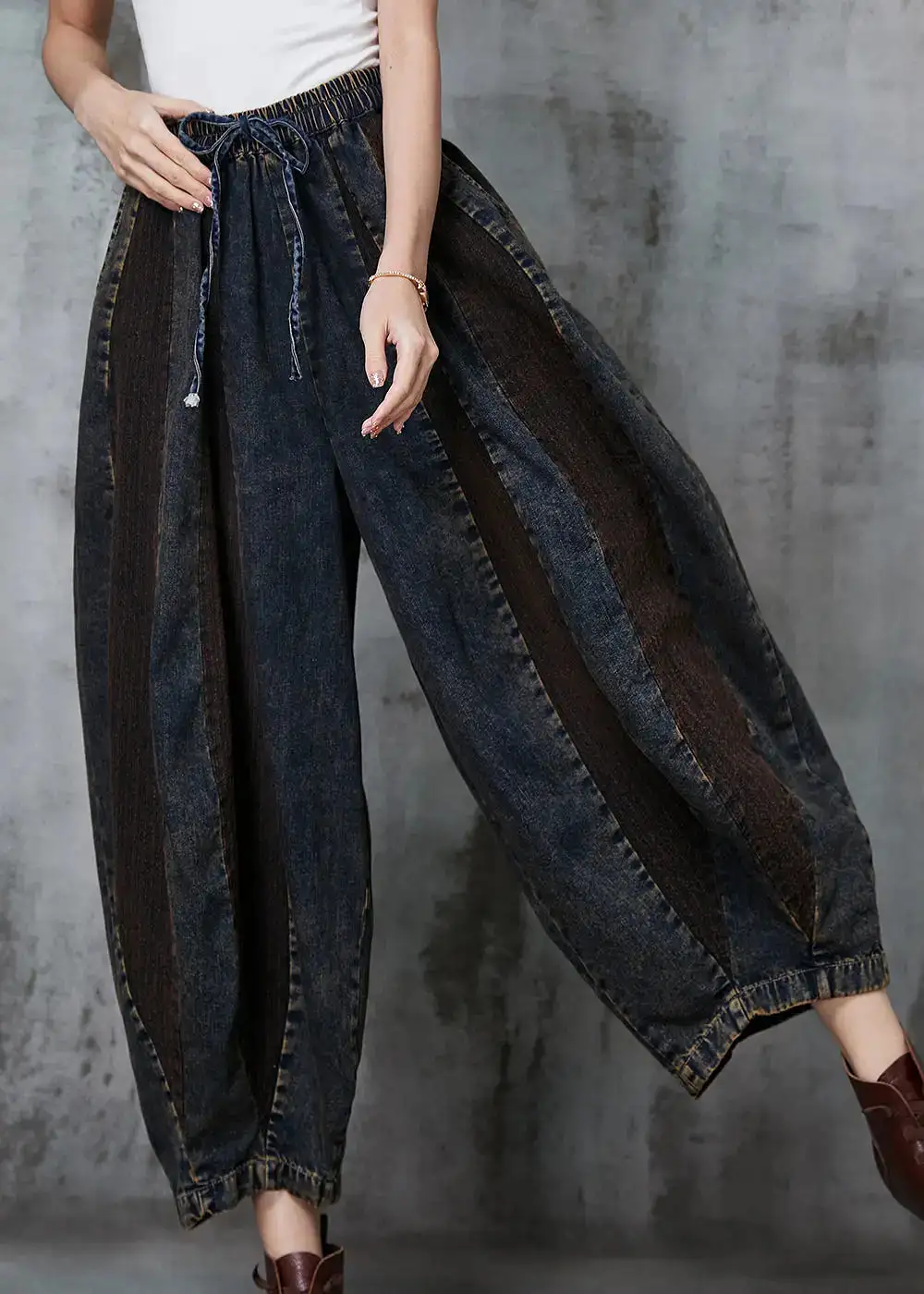 French Navy Oversized Patchwork Denim Pants Spring JK1016