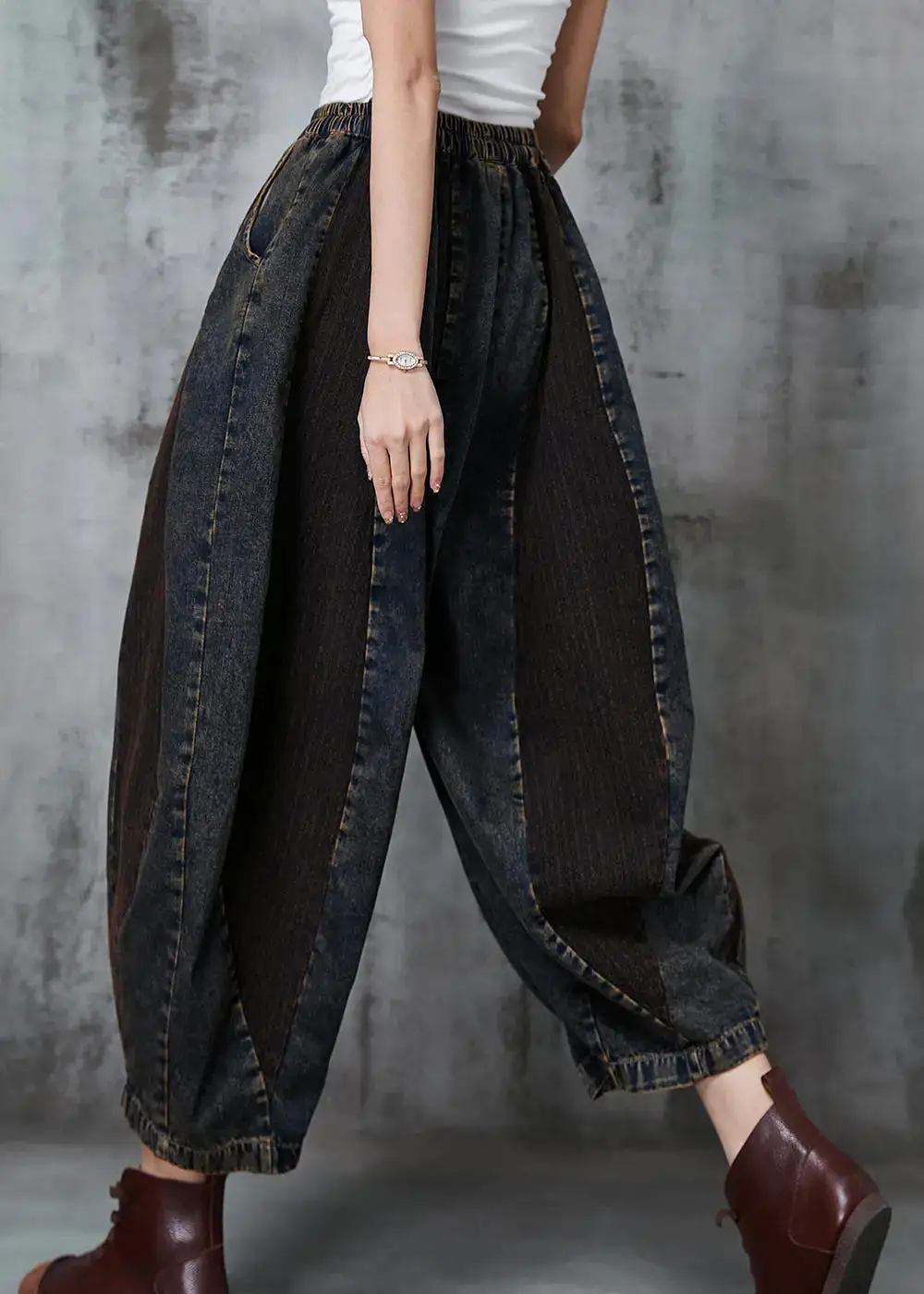 French Navy Oversized Patchwork Denim Pants Spring JK1016