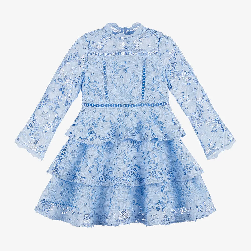 Girls Blue Guipure Lace Floral Dress