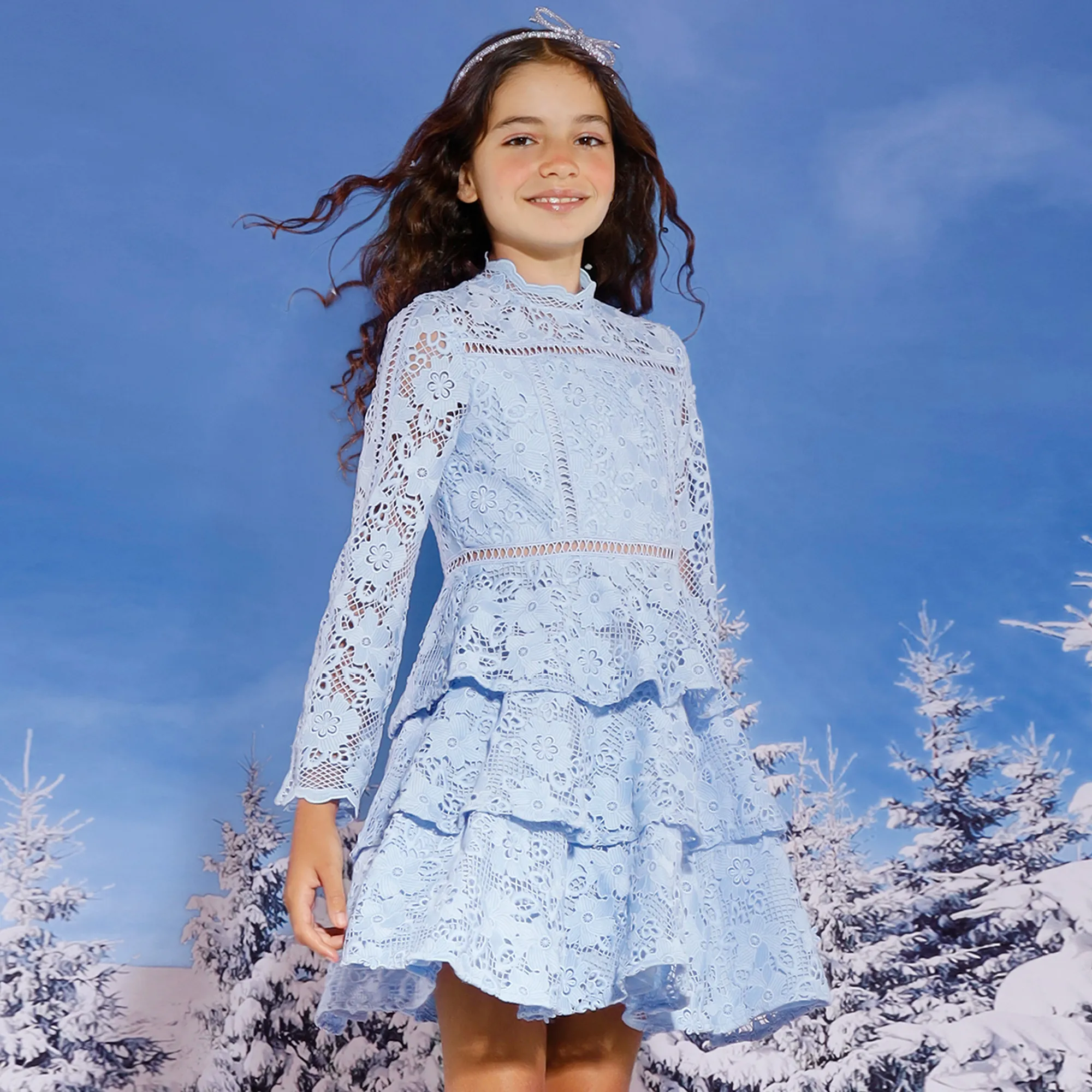 Girls Blue Guipure Lace Floral Dress