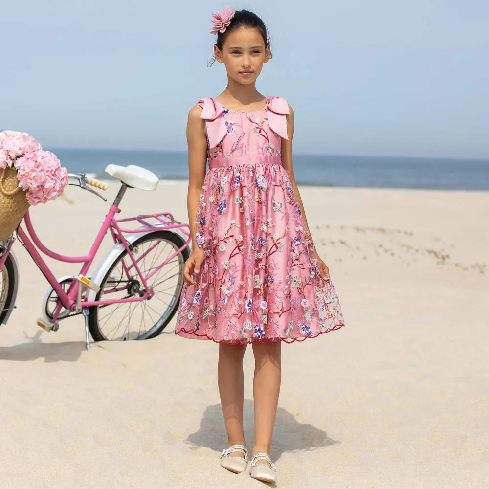 Girls Pink Embroidered Floral Dress