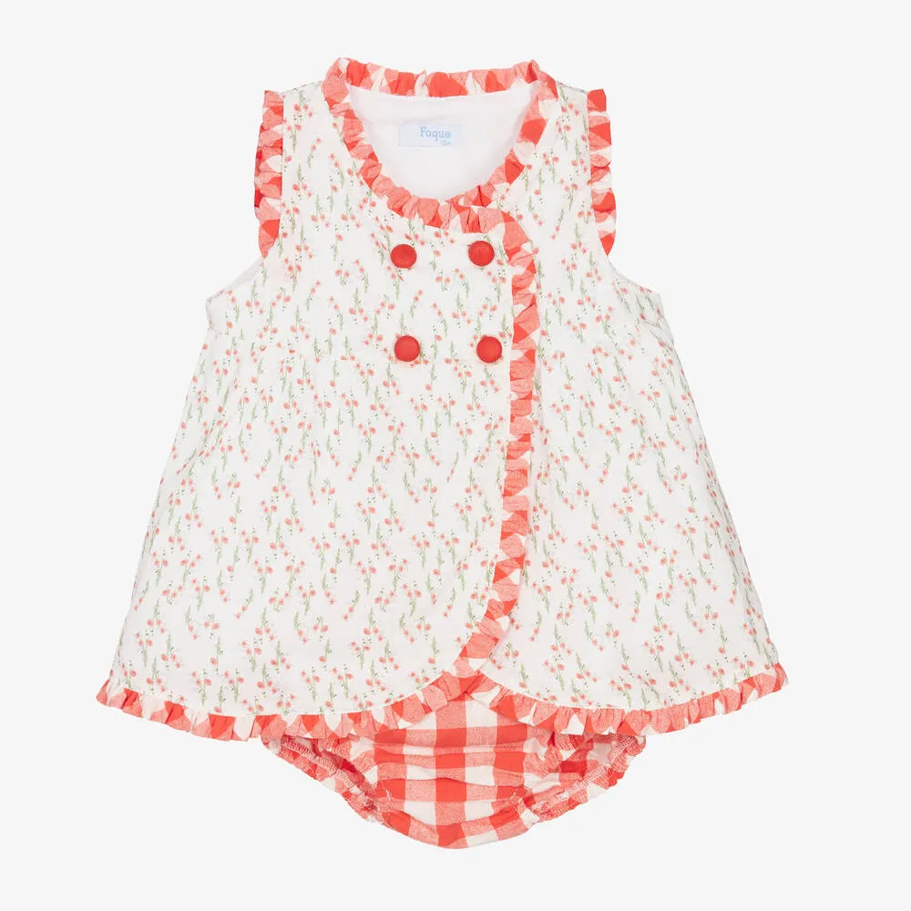 Girls White & Red Cotton Floral Dress