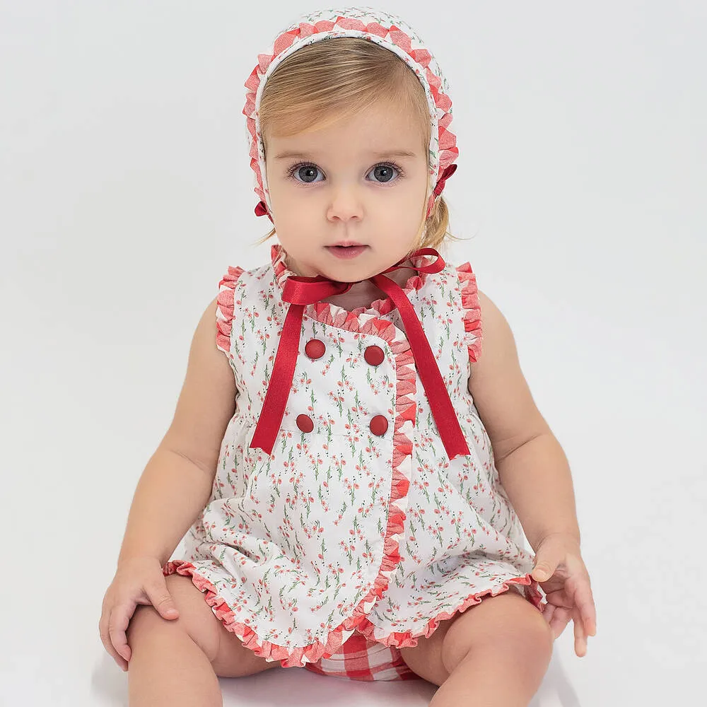 Girls White & Red Cotton Floral Dress