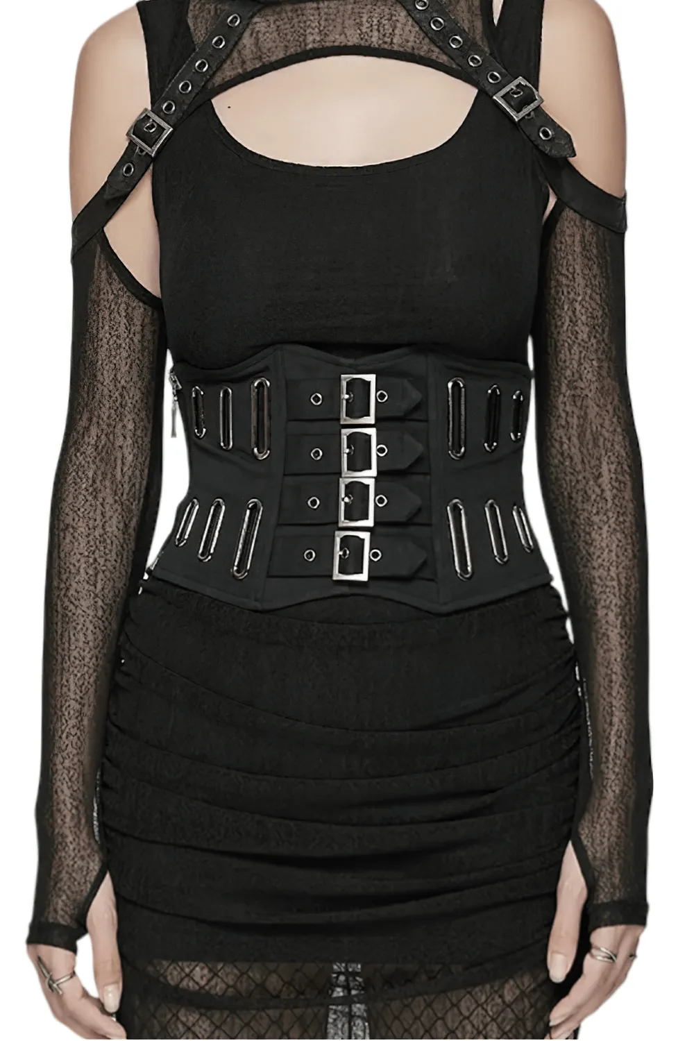 Gothic Black Corset Belt with Buckles and Lace-up Back