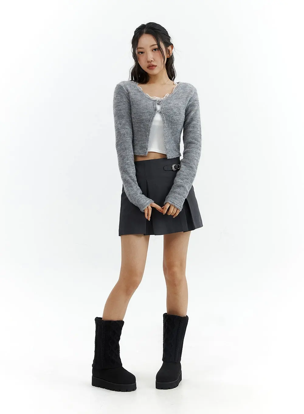 Gray Pleated Belted Mini Skirt CJ423