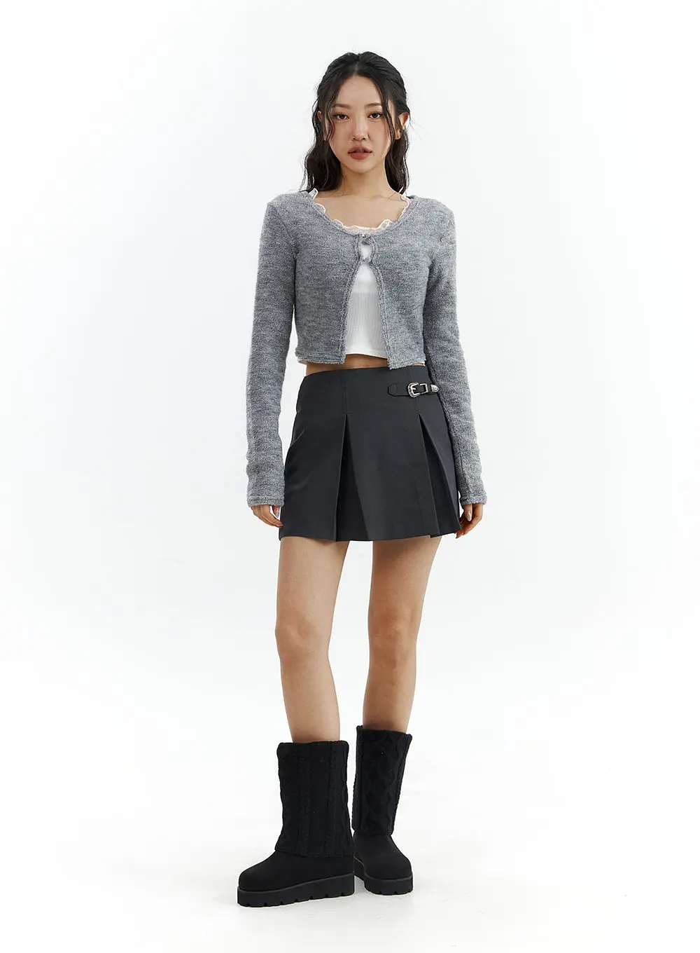 Gray Pleated Belted Mini Skirt CJ423