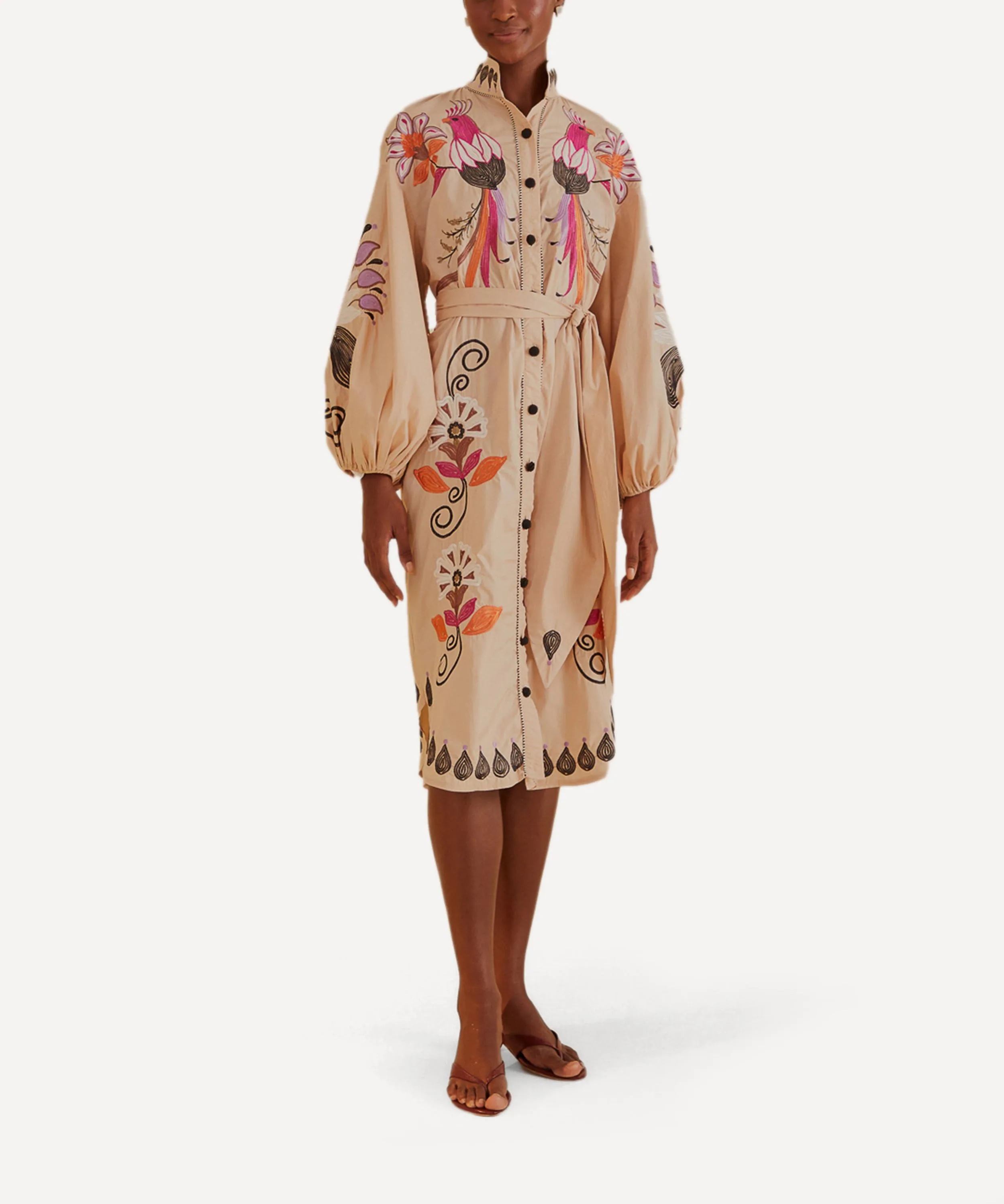 Khaki Flower Bird Embroidered Midi Dress