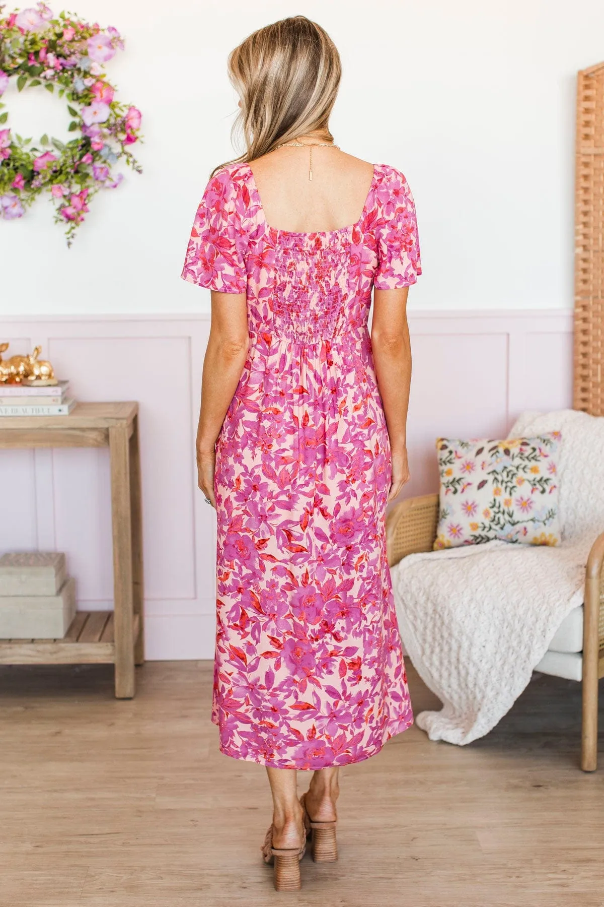 Let's Go Dancing Floral Midi Dress- Peach & Orchid