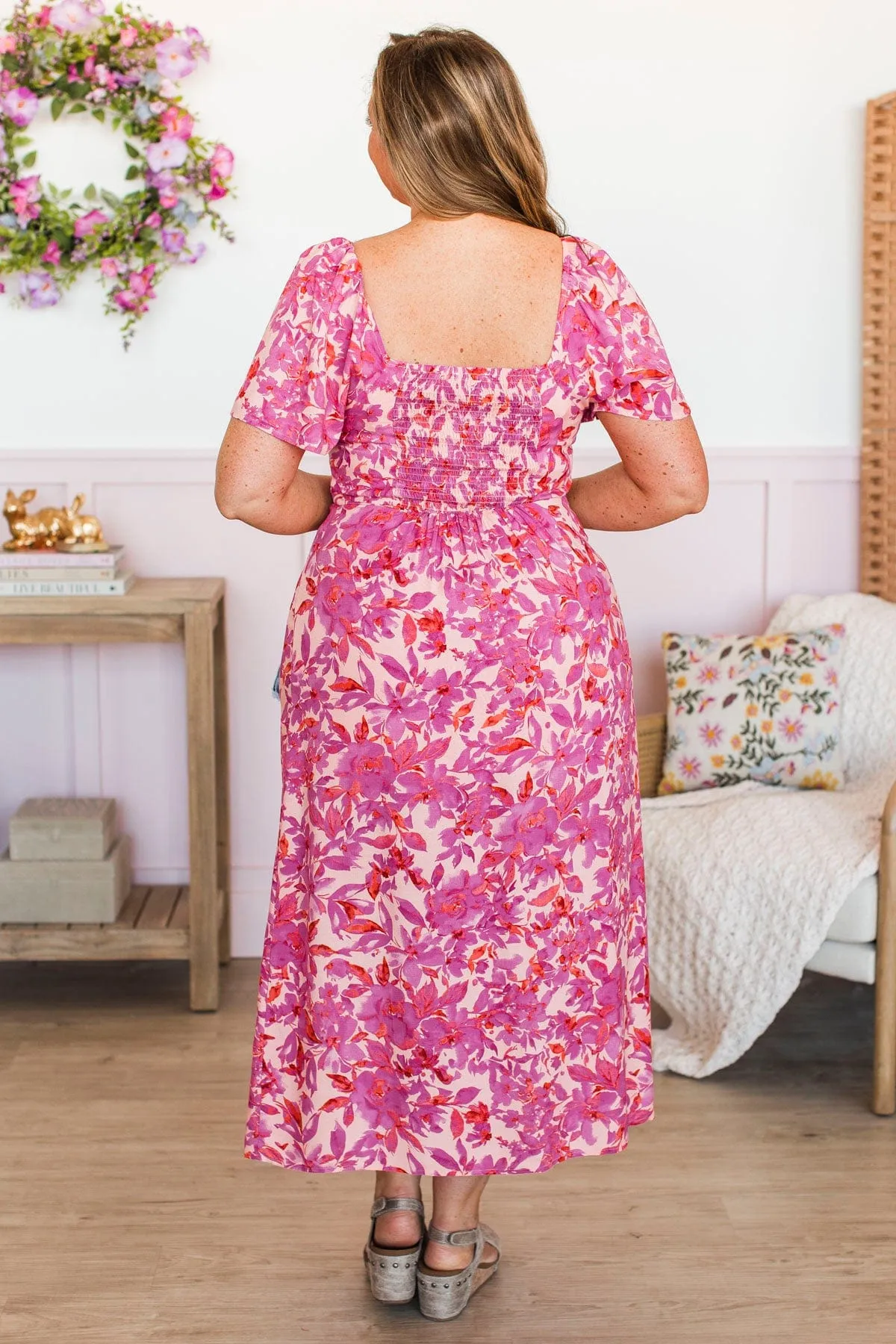 Let's Go Dancing Floral Midi Dress- Peach & Orchid