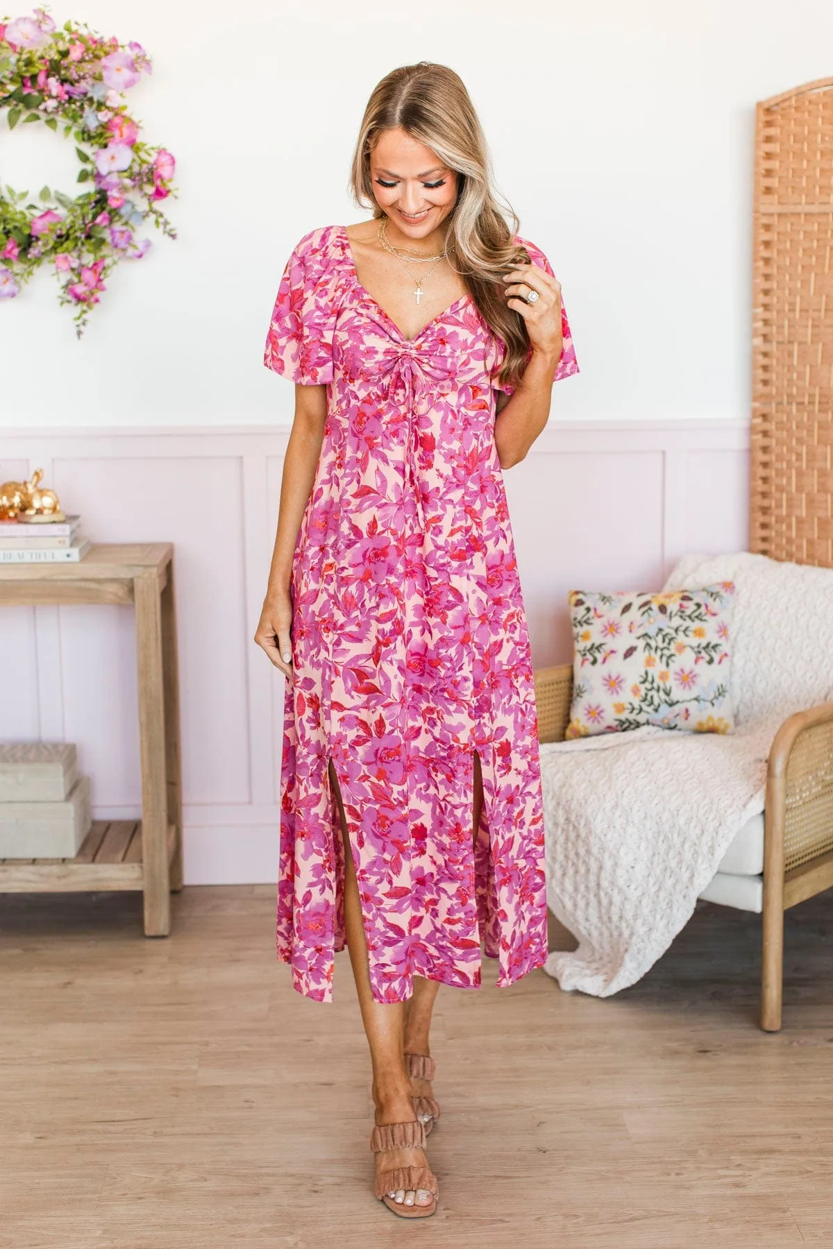 Let's Go Dancing Floral Midi Dress- Peach & Orchid