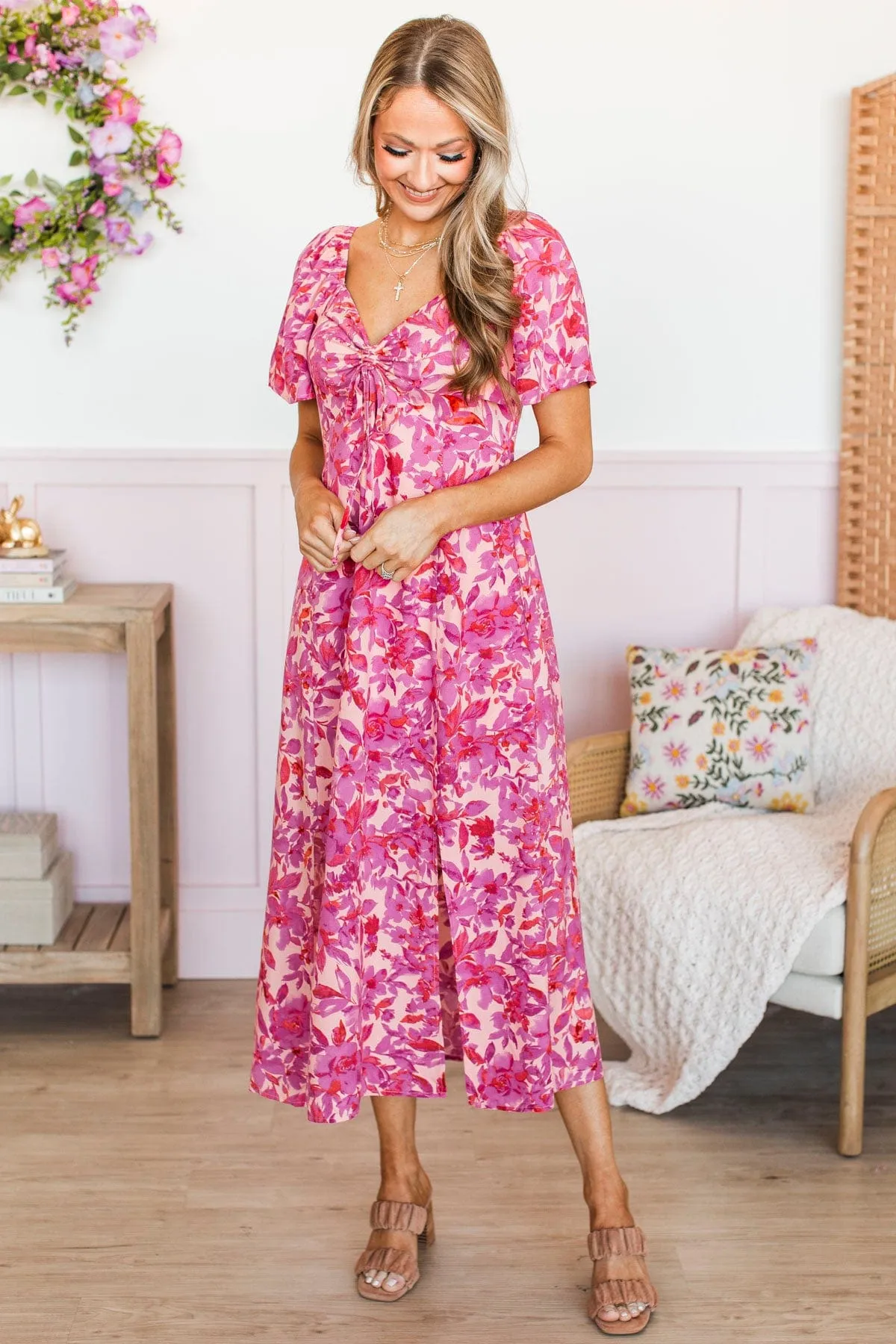 Let's Go Dancing Floral Midi Dress- Peach & Orchid