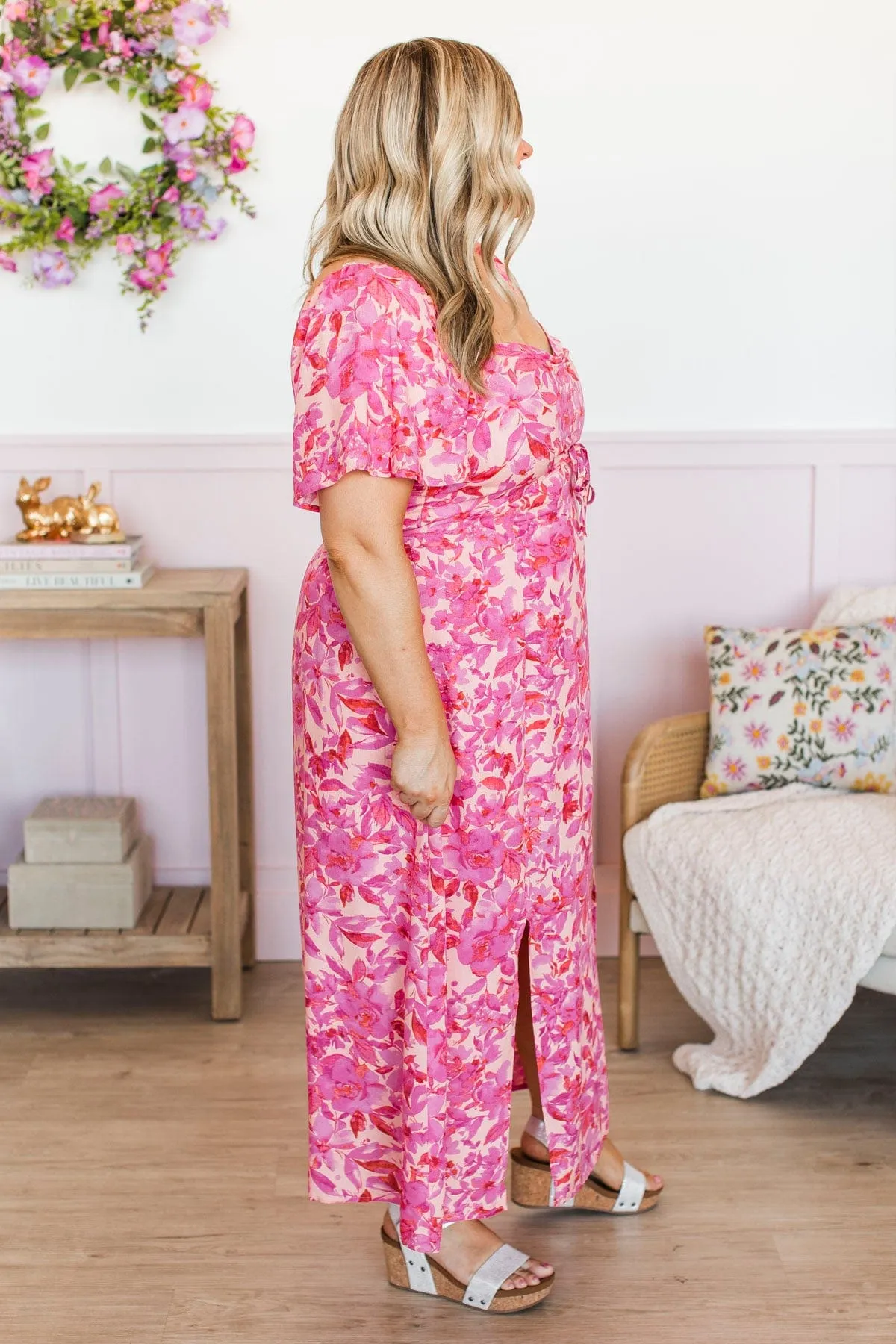 Let's Go Dancing Floral Midi Dress- Peach & Orchid