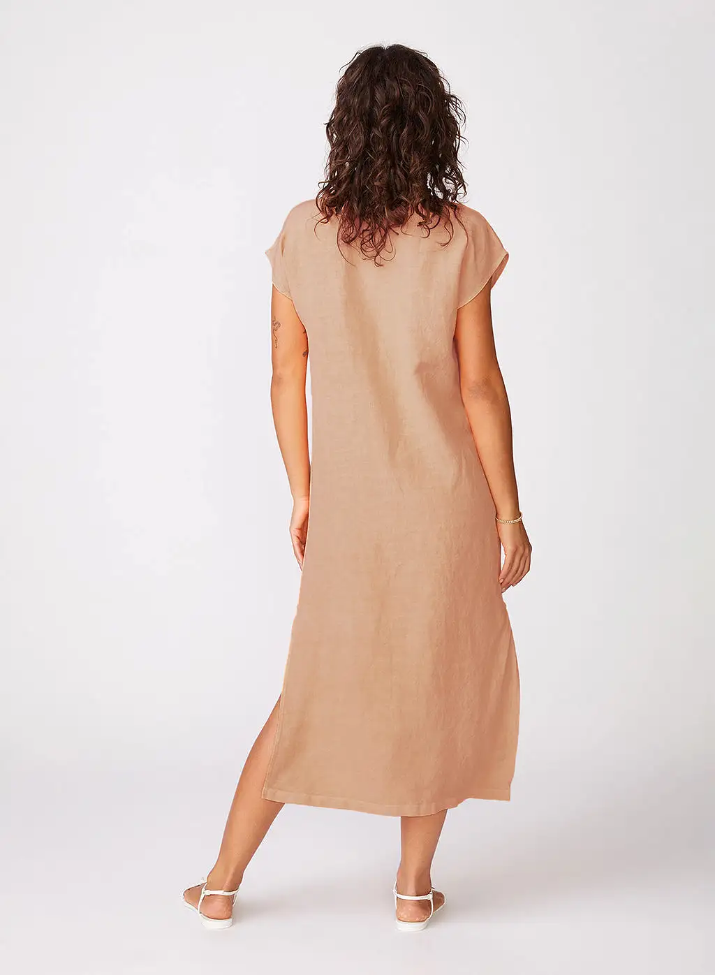 Linen Short Sleeve Maxi Shirt Dress in Cafe