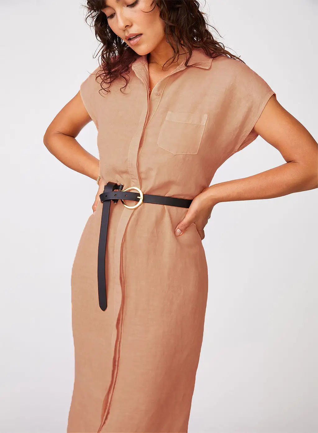 Linen Short Sleeve Maxi Shirt Dress in Cafe