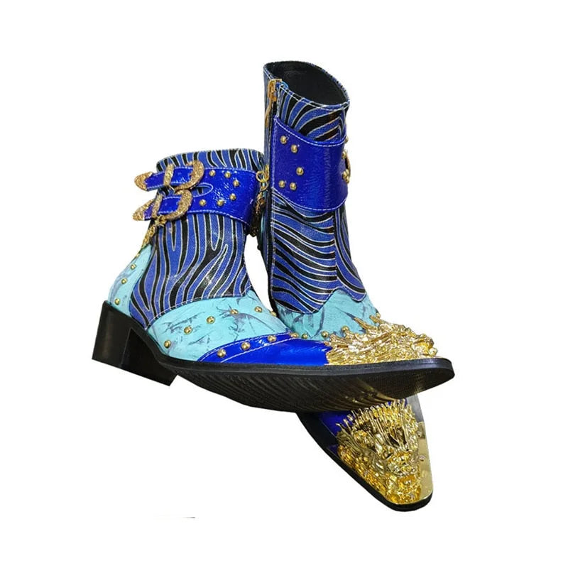 Men's Blue Golden Metal Toe Handmade Western Cowboy Ankle Boots