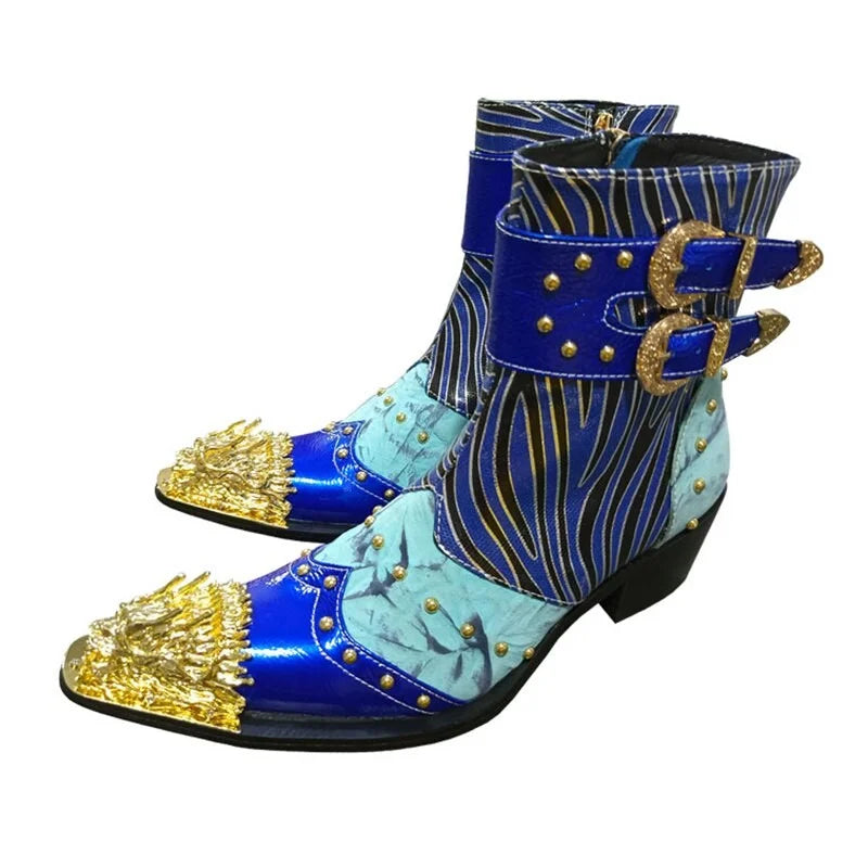 Men's Blue Golden Metal Toe Handmade Western Cowboy Ankle Boots