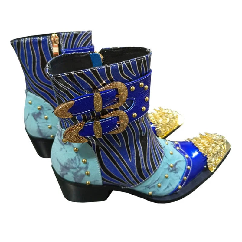 Men's Blue Golden Metal Toe Handmade Western Cowboy Ankle Boots