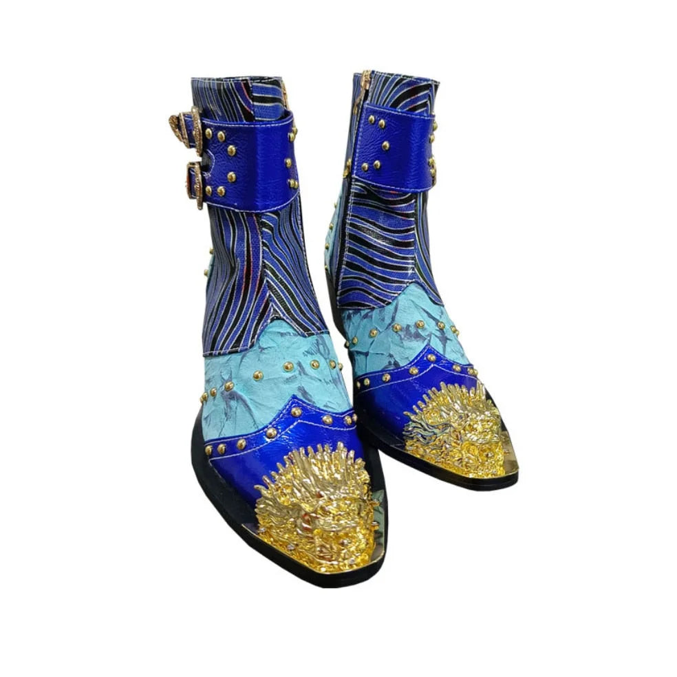 Men's Blue Golden Metal Toe Handmade Western Cowboy Ankle Boots