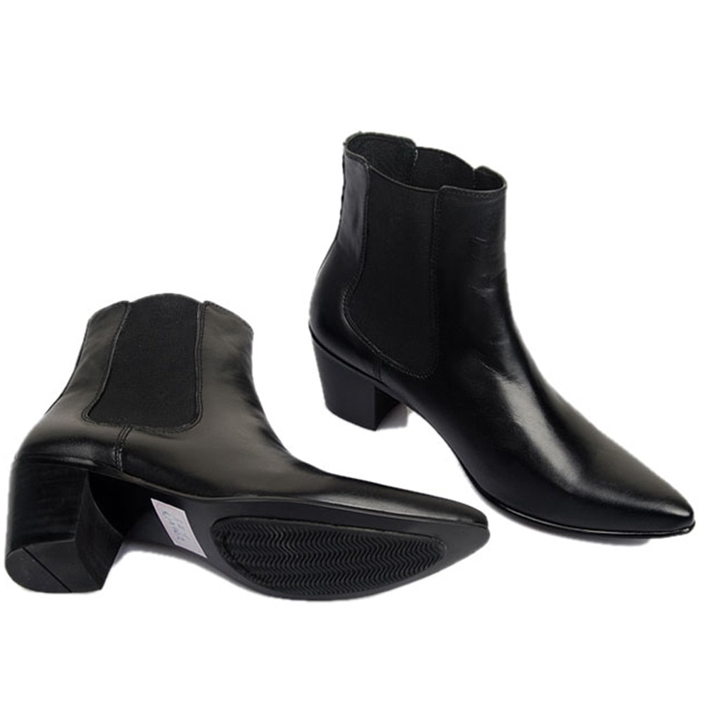 Men's Korean Style Leather Pointed Toe 6cm High Heels Short Pleated Boots