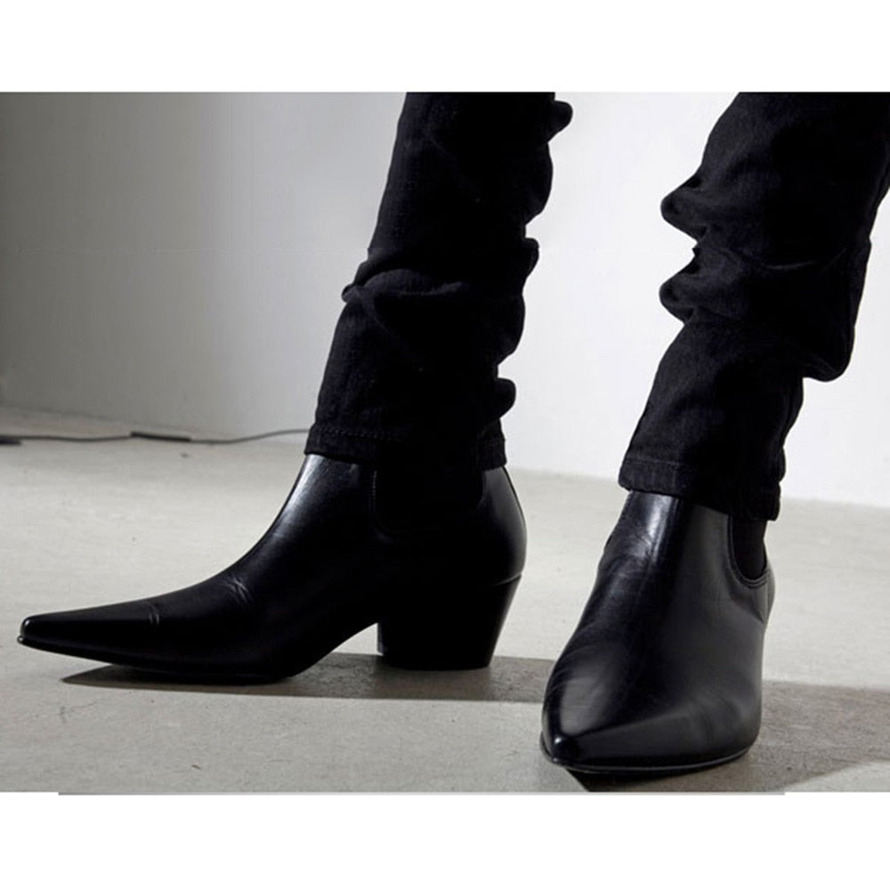 Men's Korean Style Leather Pointed Toe 6cm High Heels Short Pleated Boots