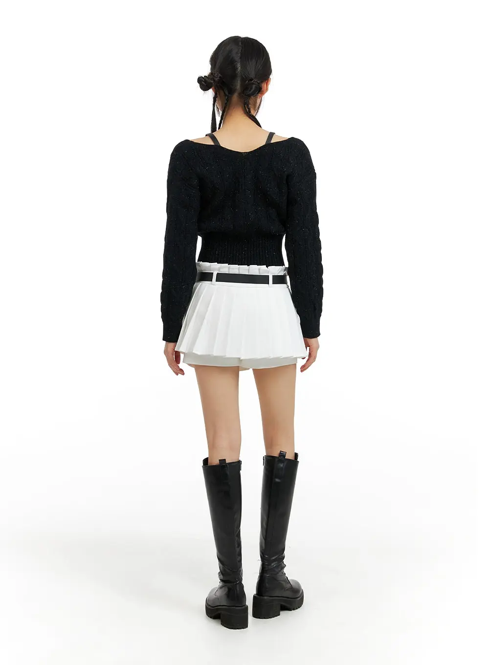 Mid Waist Pleated Mini Skirt with Belt CF420