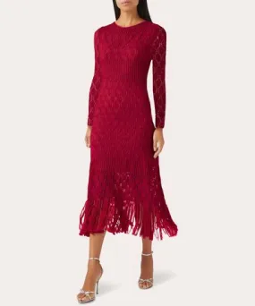 No Pise La Grama Women's La Navegante Fringed Cotton Crochet Knit Midi Dress