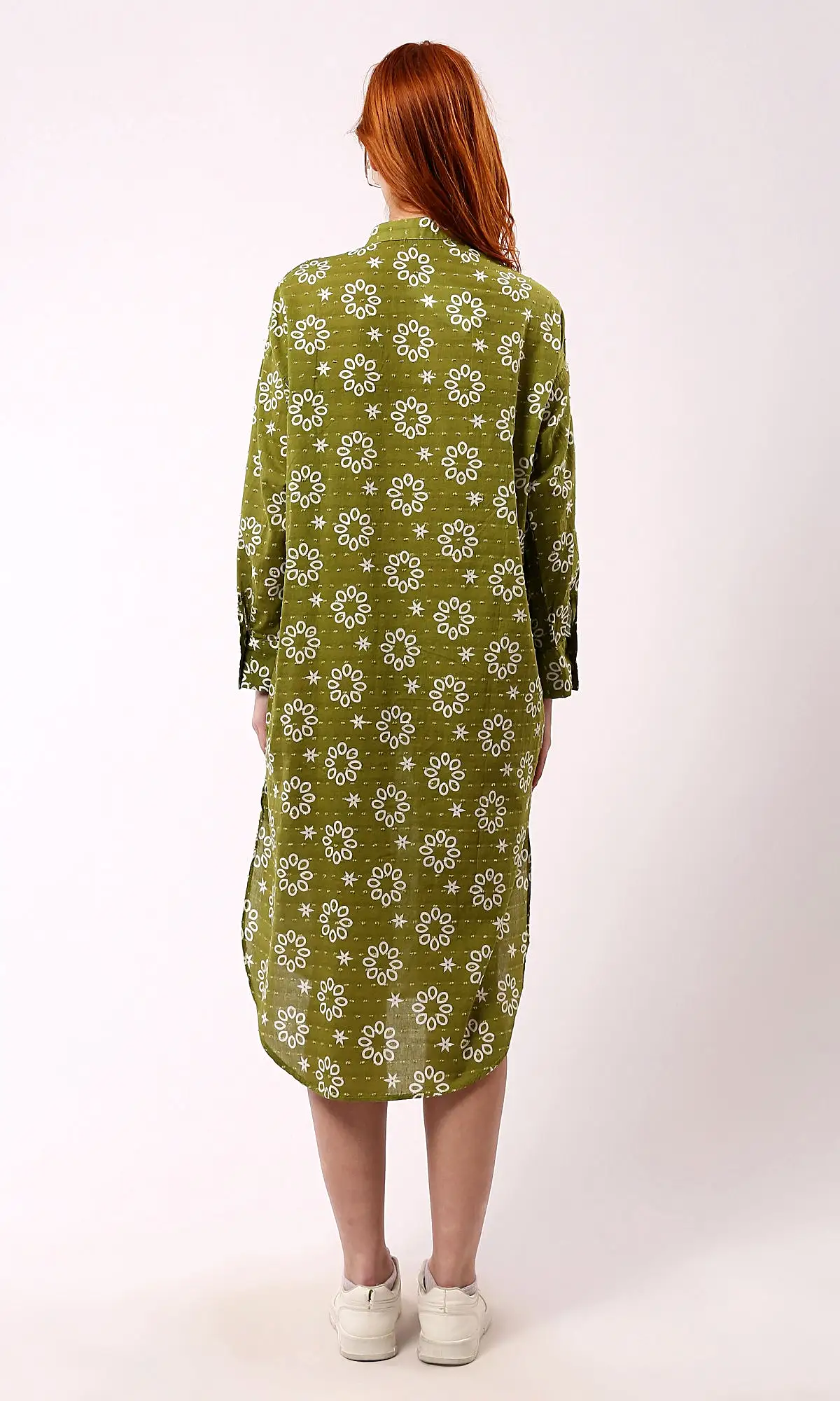 O178039 Olive Floral Shirt Dress With Front Hidden Buttons