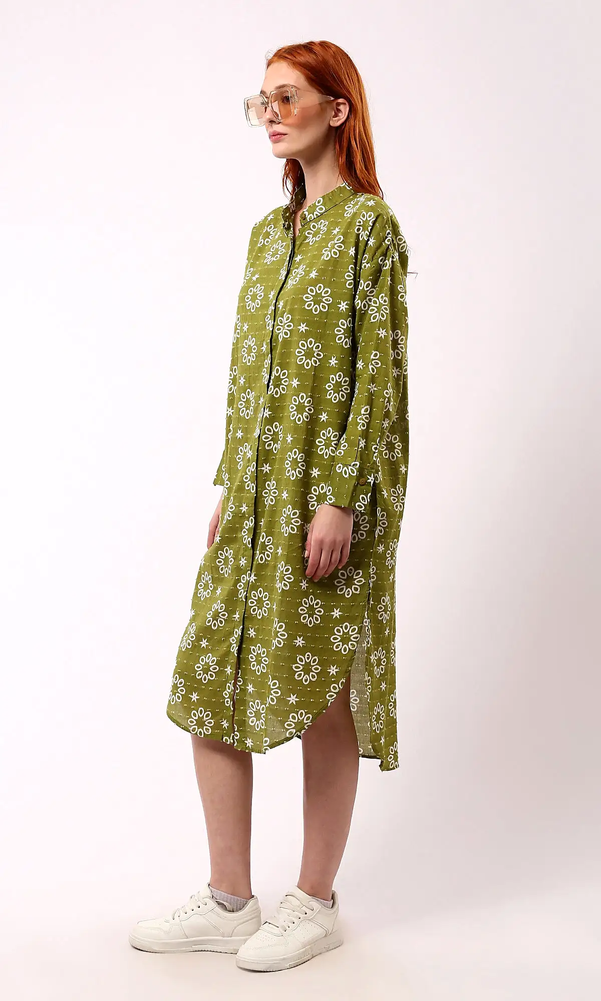 O178039 Olive Floral Shirt Dress With Front Hidden Buttons