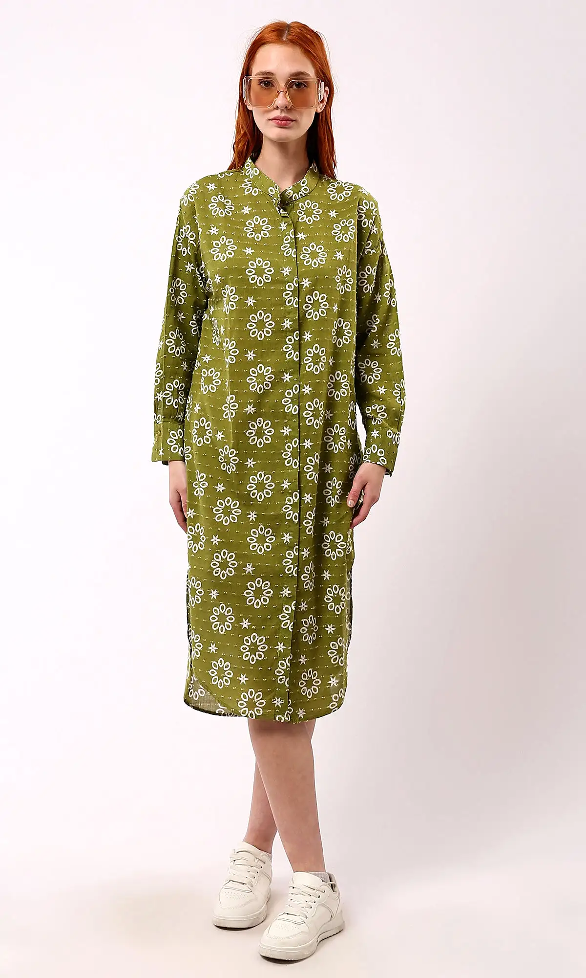 O178039 Olive Floral Shirt Dress With Front Hidden Buttons