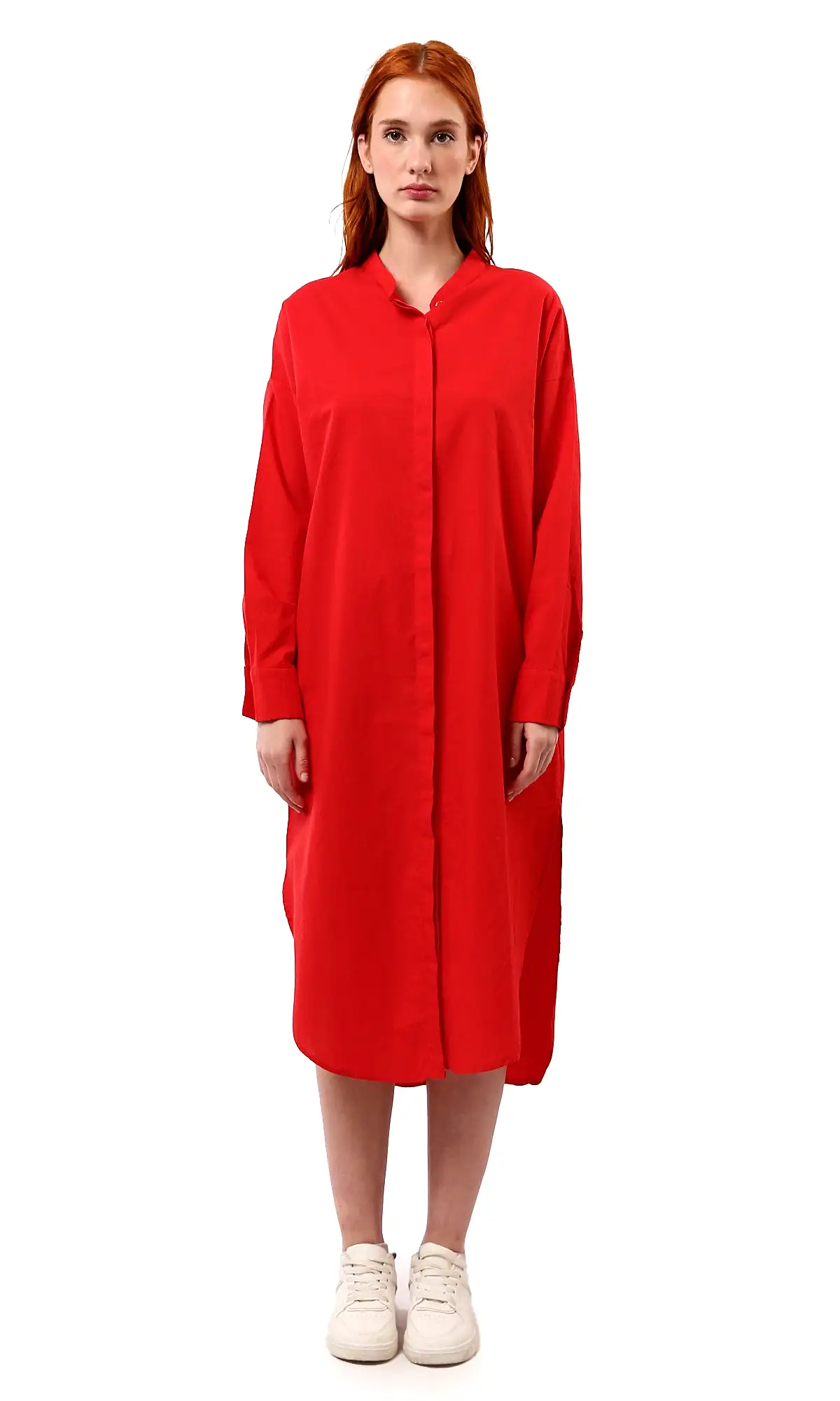 O179182 Long Sleeves Red Shirt Dress With Front Hidden Buttons