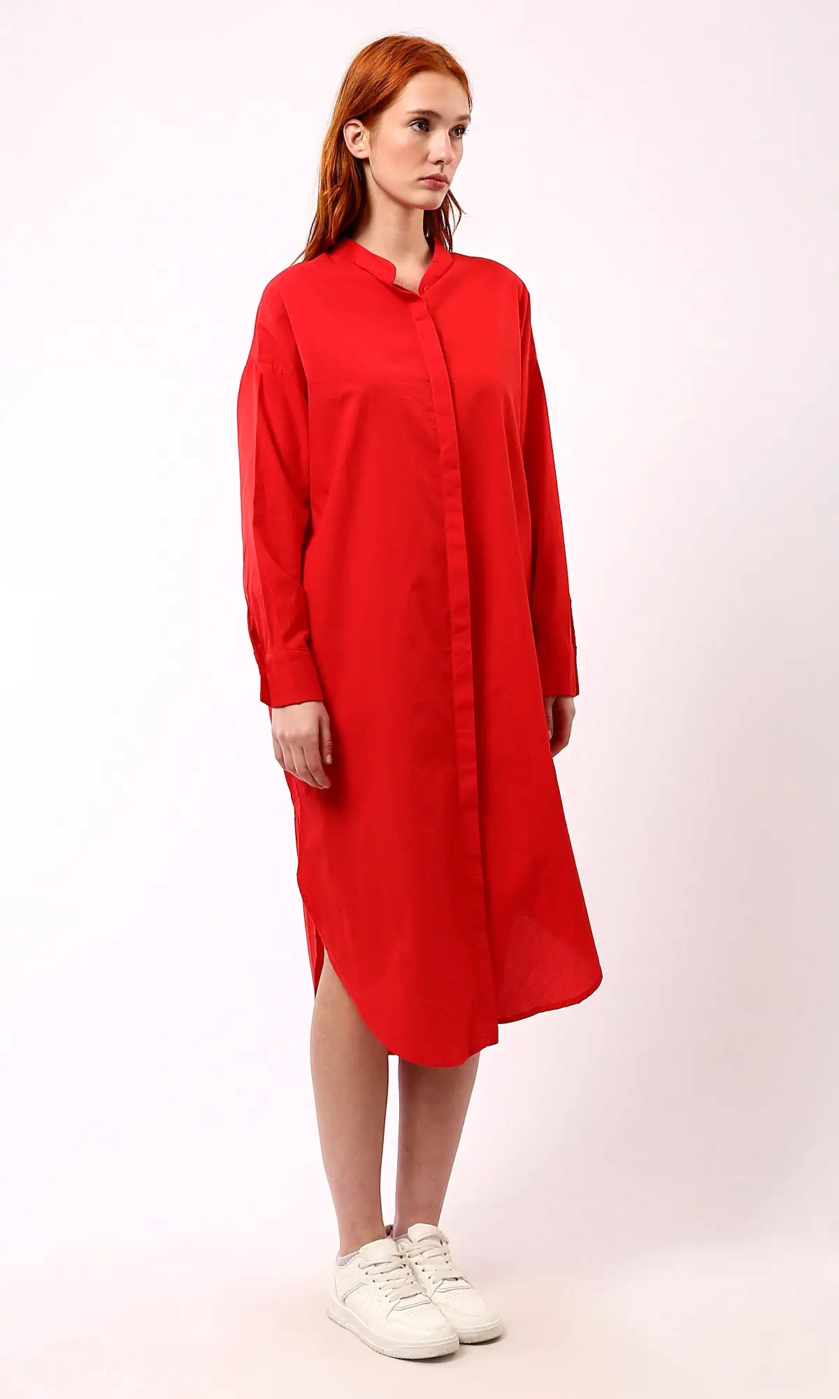 O179182 Long Sleeves Red Shirt Dress With Front Hidden Buttons