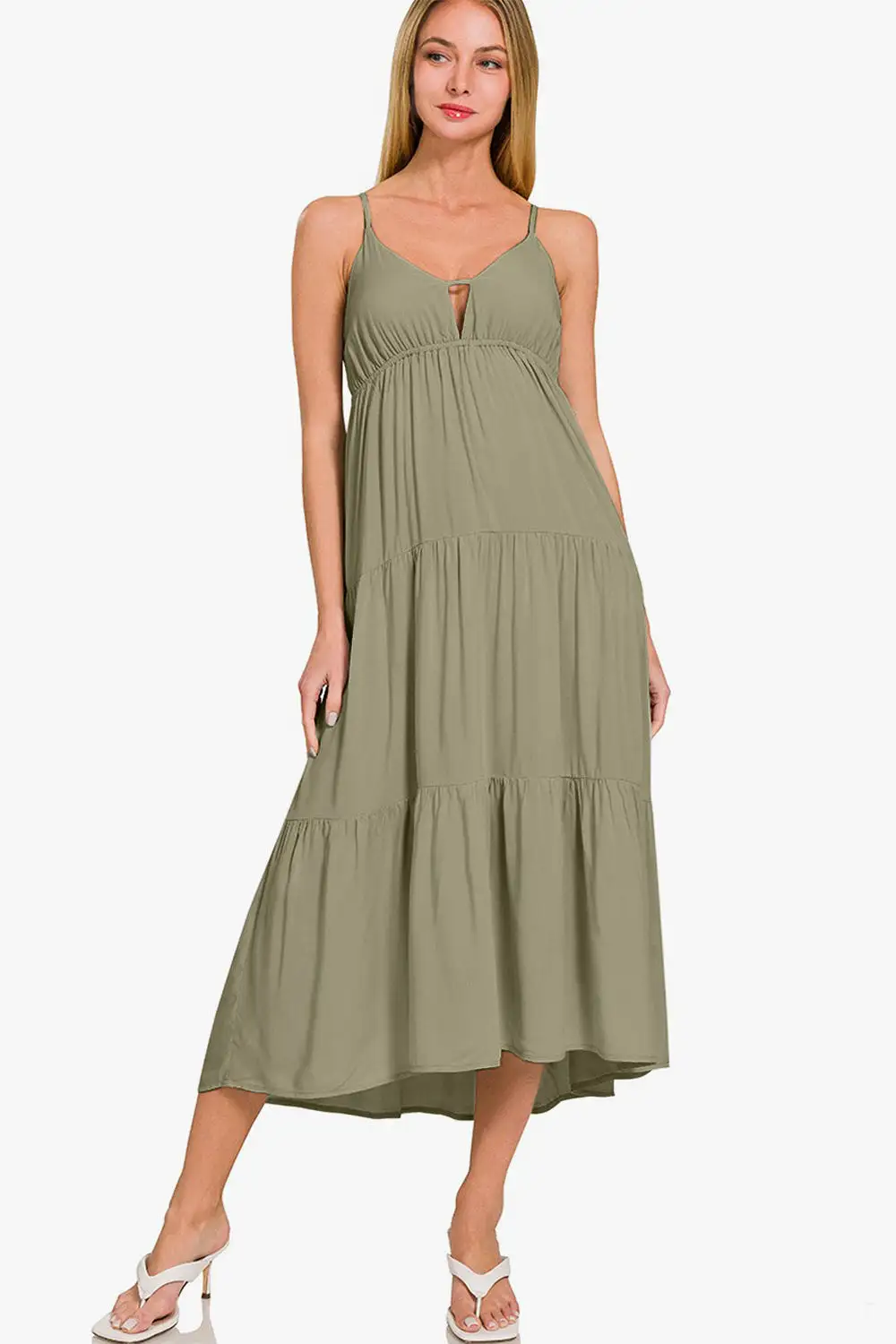 Olive Woven Tiered Cami Midi Dress