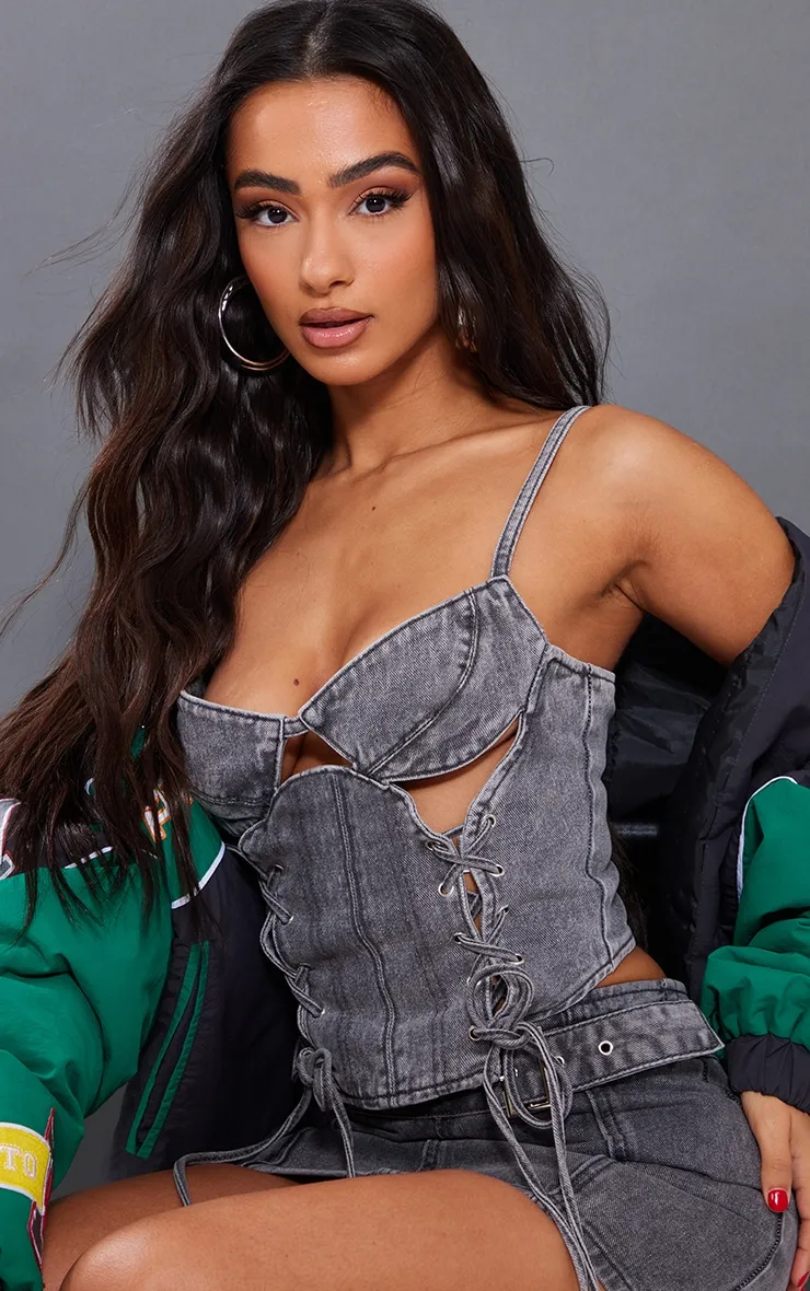 Petite Grey Acid Wash Denim Lace Up Corset