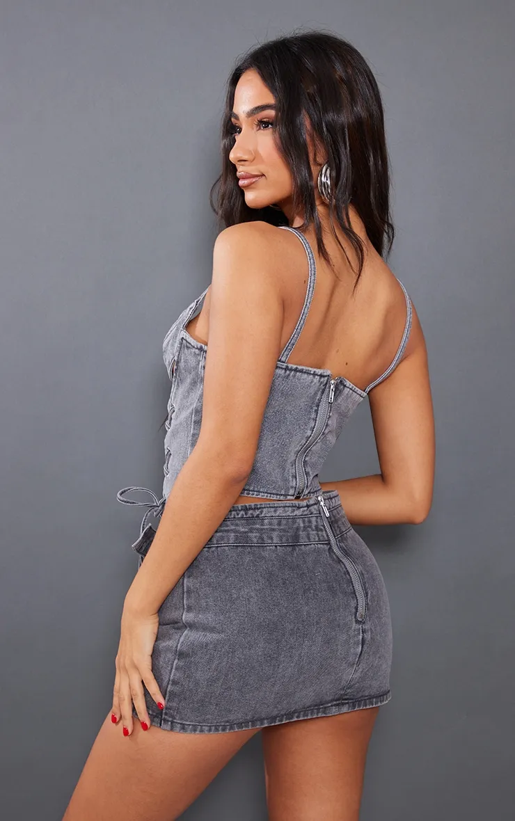 Petite Grey Acid Wash Denim Lace Up Corset