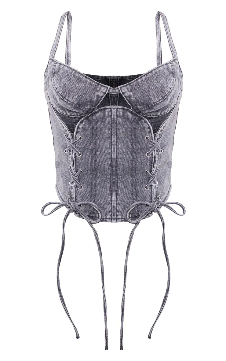 Petite Grey Acid Wash Denim Lace Up Corset