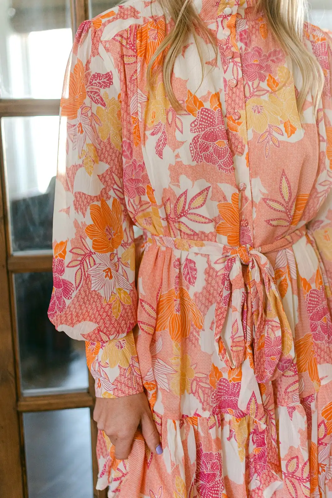 Pink Floral Tie Waist Ruffle Dress