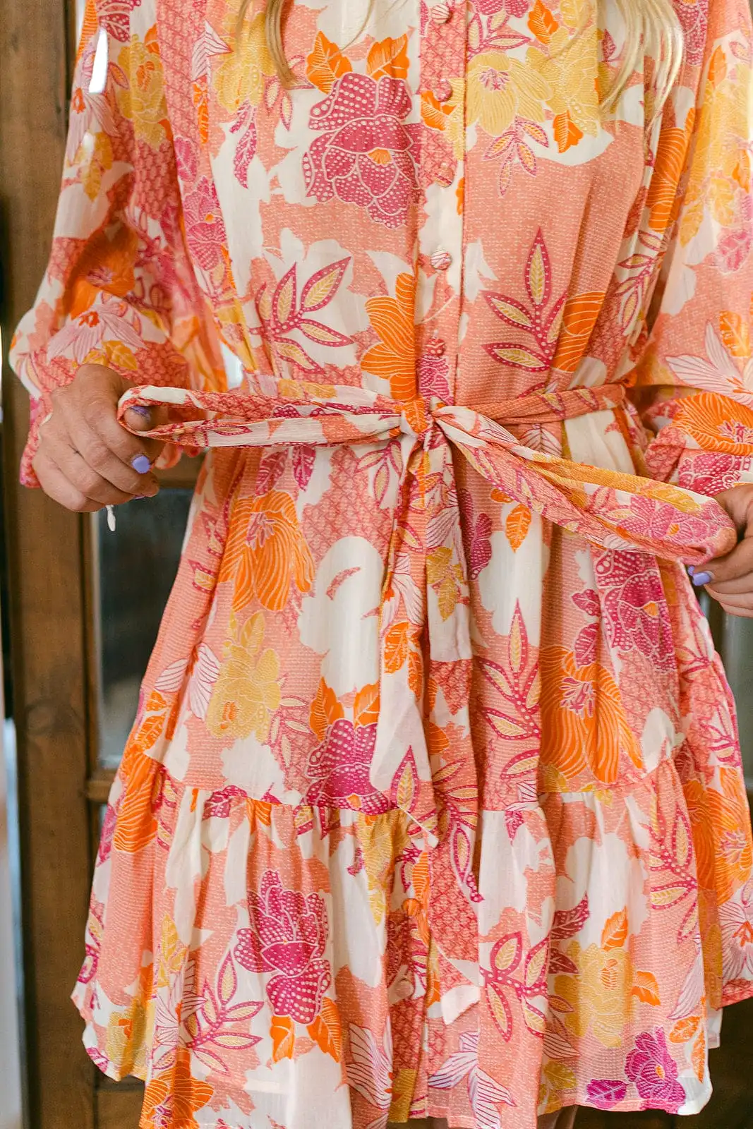 Pink Floral Tie Waist Ruffle Dress