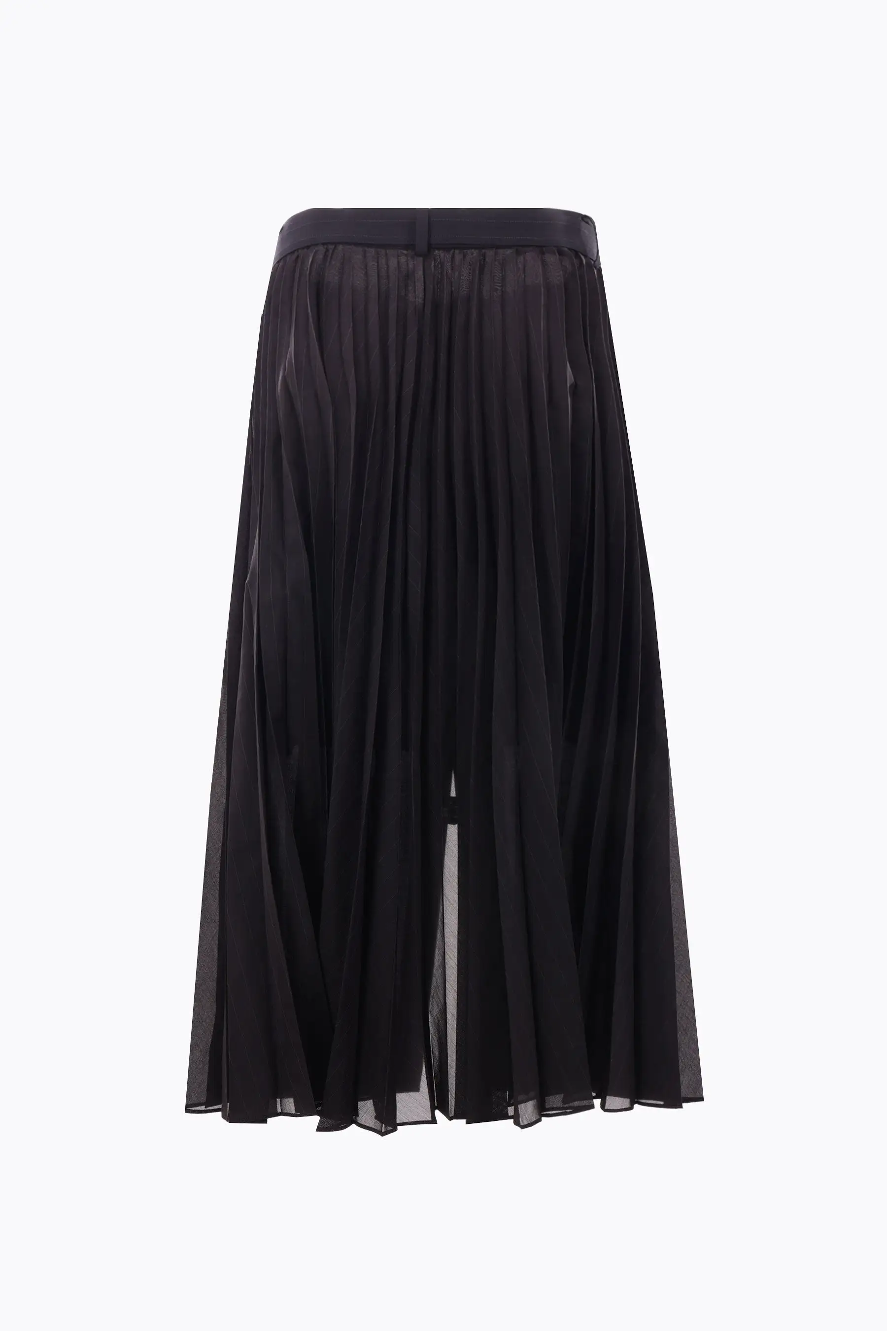 pinstriped wool blend midi skirt with pleated panel