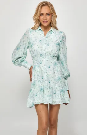 Print Textured Bubble Sleeve Shirt Dress (SDR1211A)