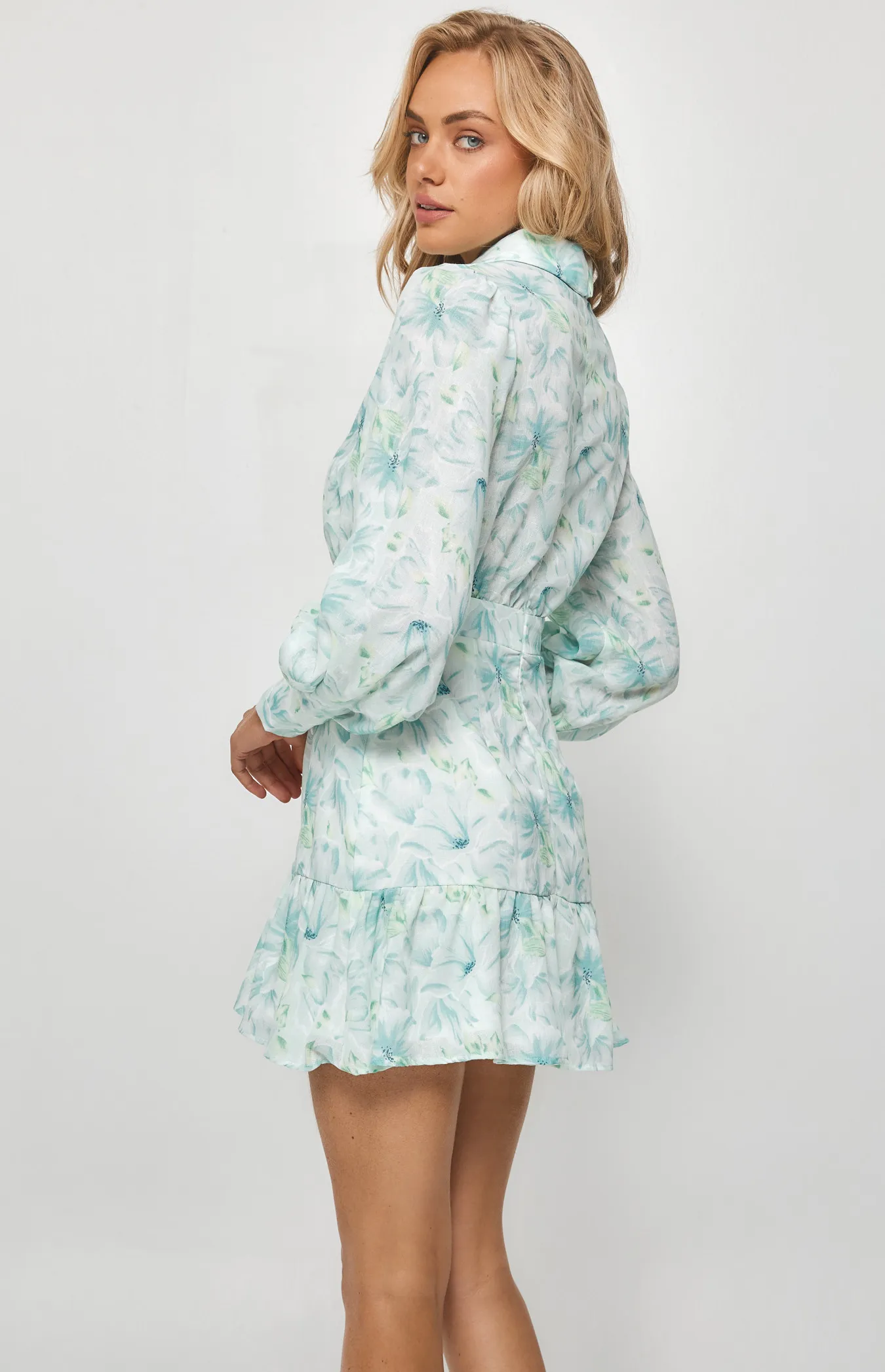 Print Textured Bubble Sleeve Shirt Dress (SDR1211A)