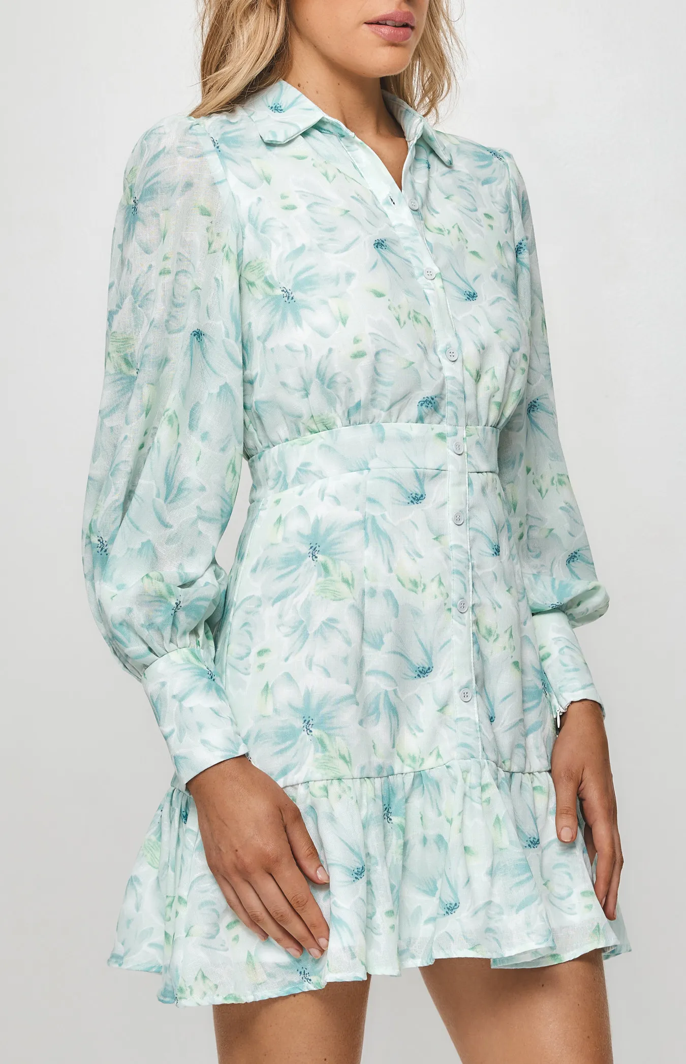 Print Textured Bubble Sleeve Shirt Dress (SDR1211A)