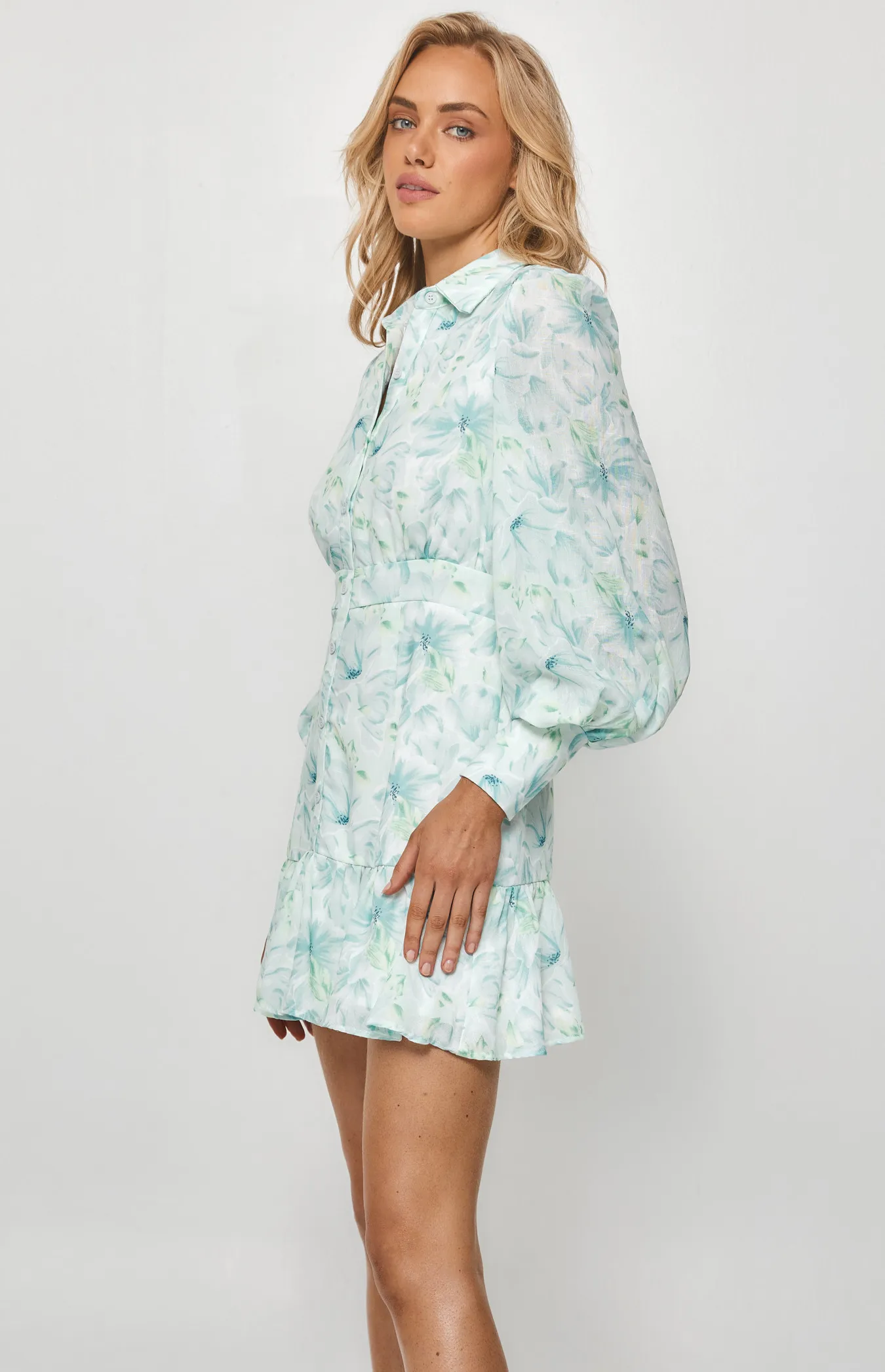 Print Textured Bubble Sleeve Shirt Dress (SDR1211A)