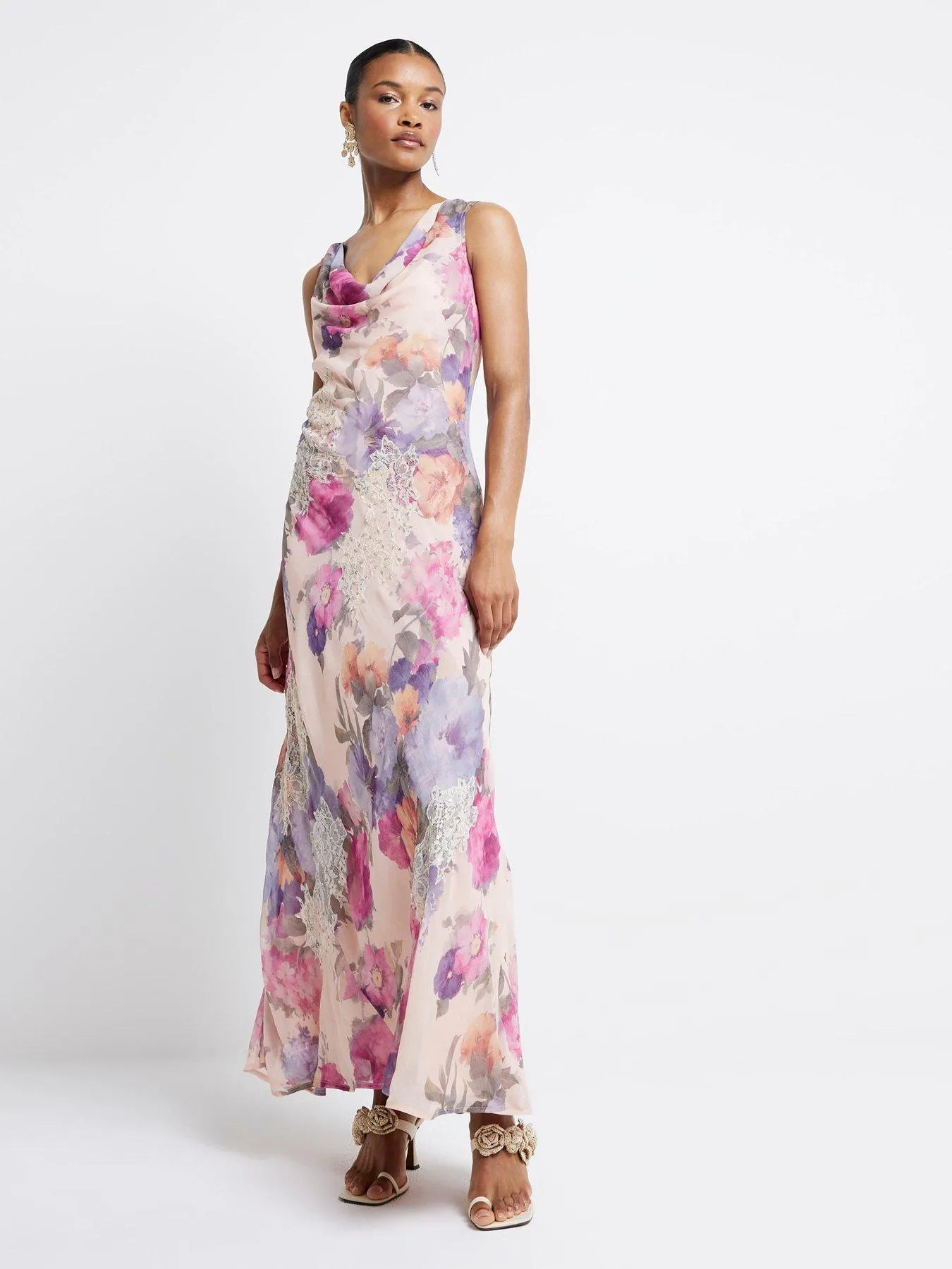 River Island Cowl Neck Maxi Floral Dress - Light Pink